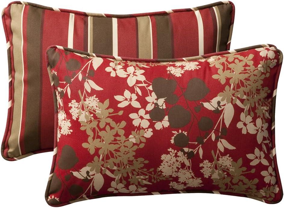 Reversible Red and Brown Floral Stripe Lumbar Pillow Set