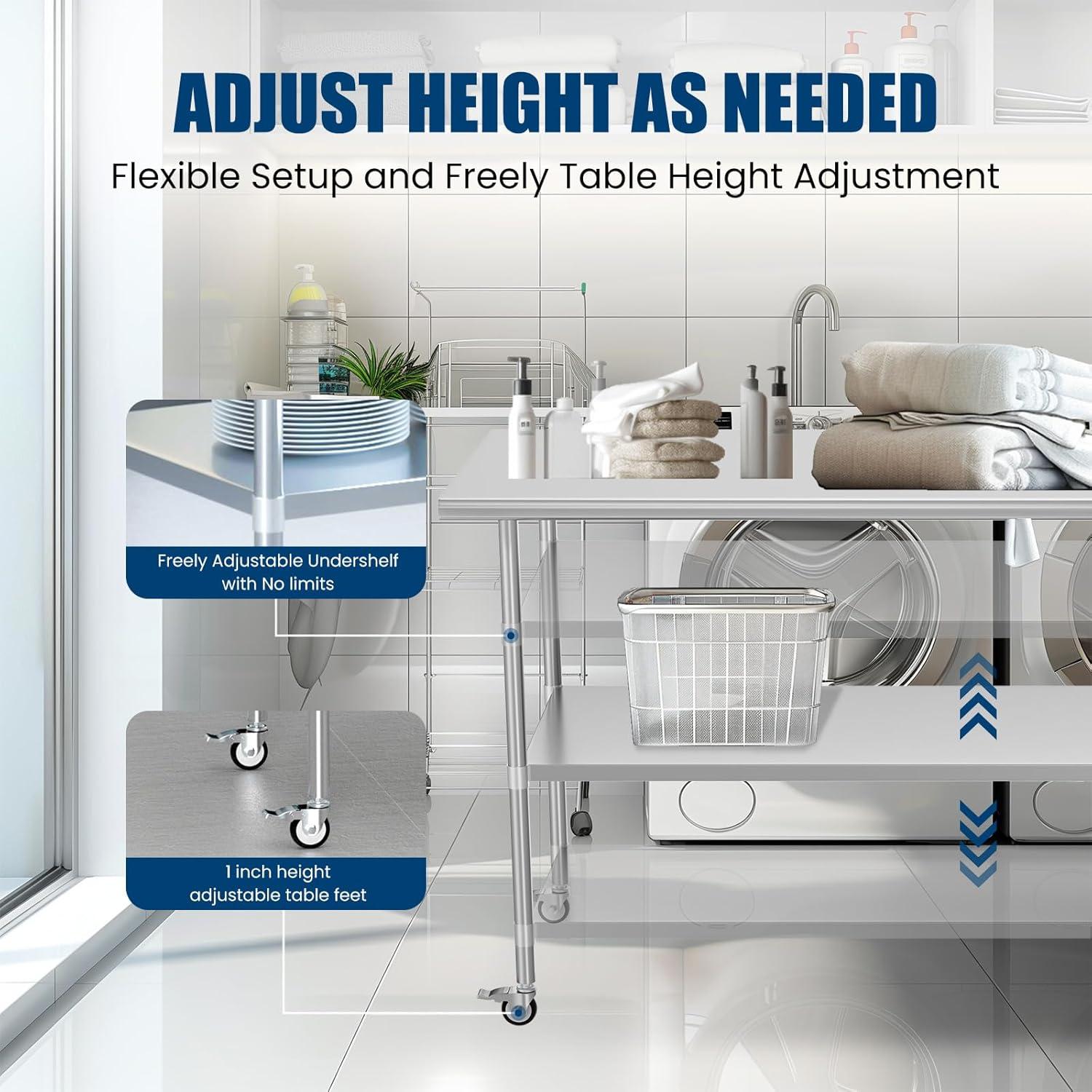Stainless Steel Table with Wheels 24 x 60 Inches Metal Prep Table with Adjustable Undershelf for Commercial Kitchen, Outdoor, Restaurant, Hotel & Garage