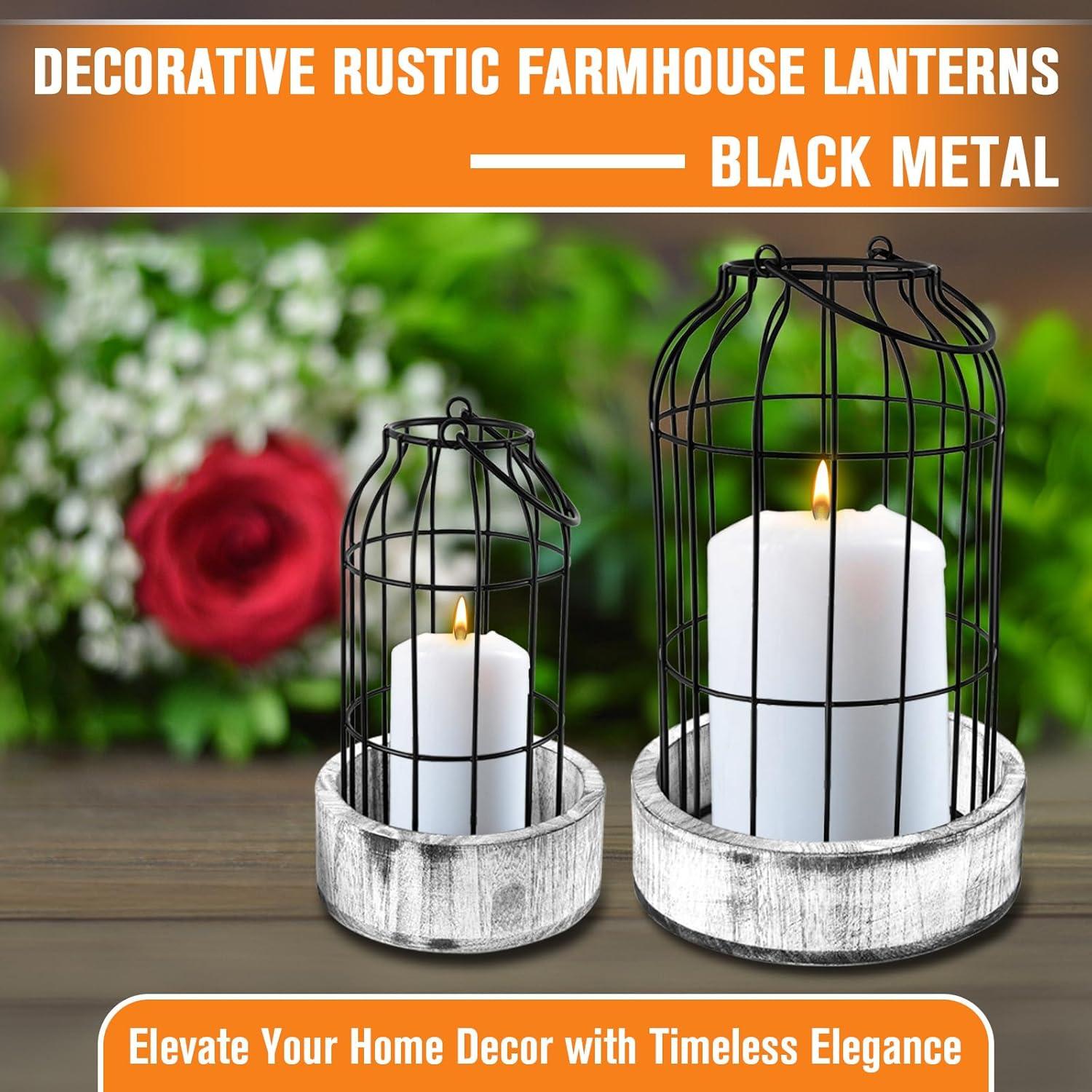 Rustic Farmhouse Lantern Decor Set of 2 - Stylish Decorative Lanterns for Your Living Room, Fireplace Mantle or Kitchen Dining Table - Modern Upscale Beauty for Your Entire Home