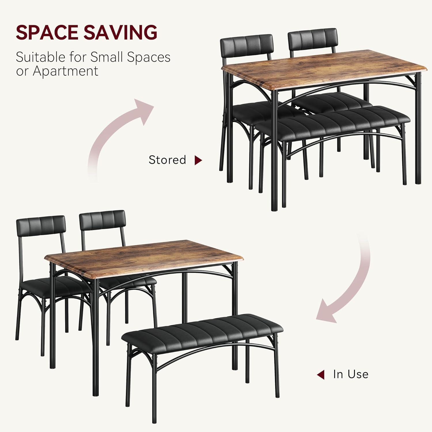 Garvee 4-Person Dining Set, Upholstered Chairs & Bench, Rectangular Kitchen Table Set for Small Space, Apartment, Home, Studio, Rustic Brown