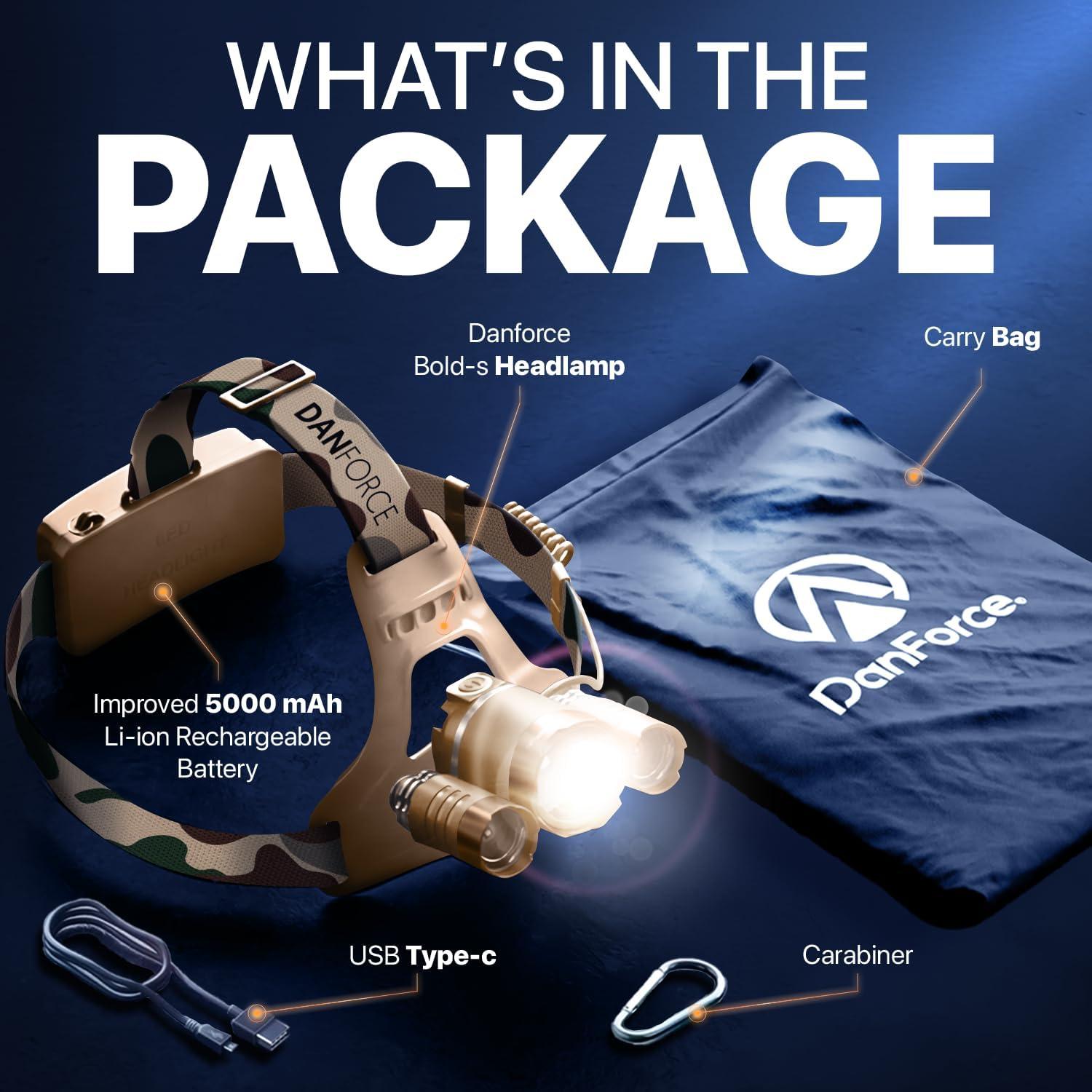 DanForce Camouflaged Headlamp Ultra Bright USB Rechargeable Head lamp. Tactical Head Flashlight Designed Especially for Hunting & Fishing. LED Headlamps CREE 1080 Lumens Headlight with Red Light