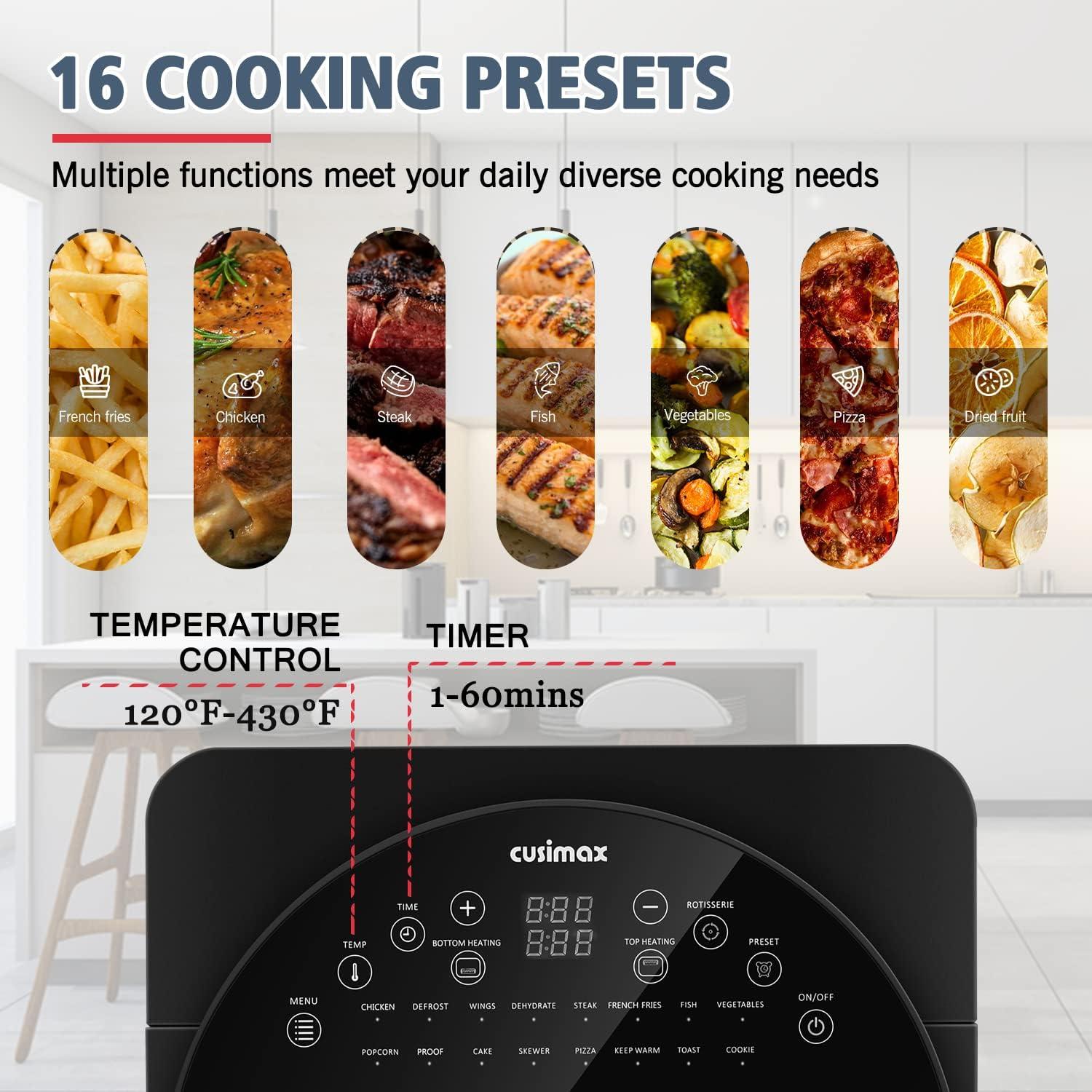 CUSIMAX Air Fryer Toaster Oven, 15.5 Quart Air Fryer Combo, 16-in-1 Air Fryer Toaster Oven, Large Convection Roaster with Rotisserie & Dehydrator, Rich Accessories, Digital Controls,Black