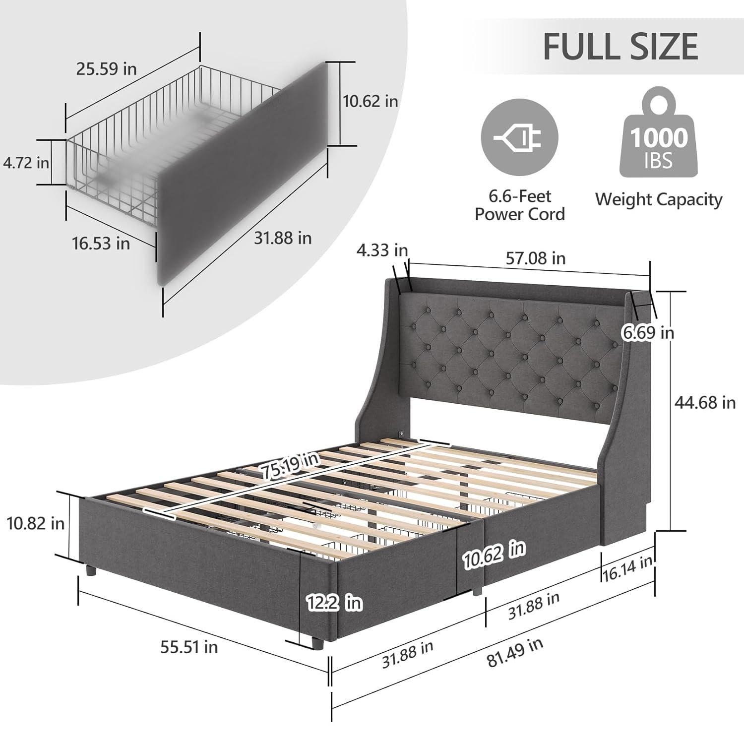 Huloretions Queen Bed Frame With Charging Station,Platform Bed With 4 Storage Drawers,Upholstered Wingback Headboard And Storage Shelf,No Box Spring Needed Easy Assembly