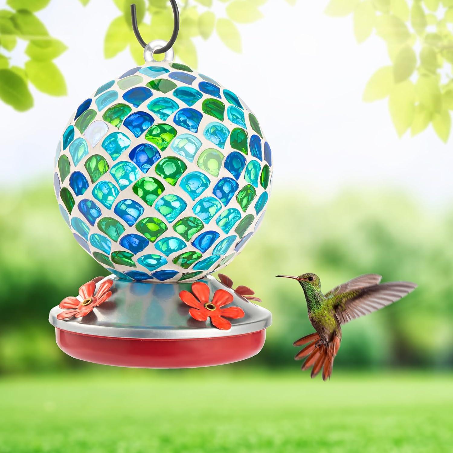 Hand-Blown Glass Hanging Hummingbird Feeder with Metal Hanger