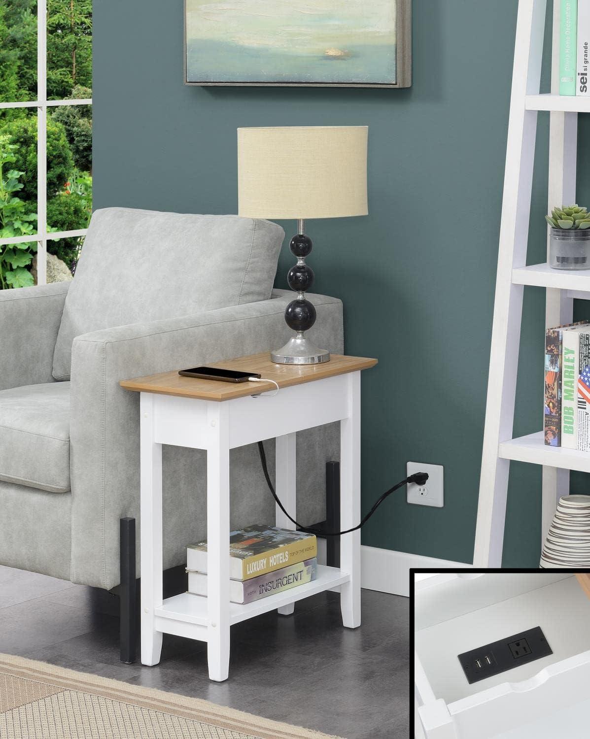 Convenience Concepts American Heritage Flip Top End Table with Charging Station and Shelf, Driftwood/White