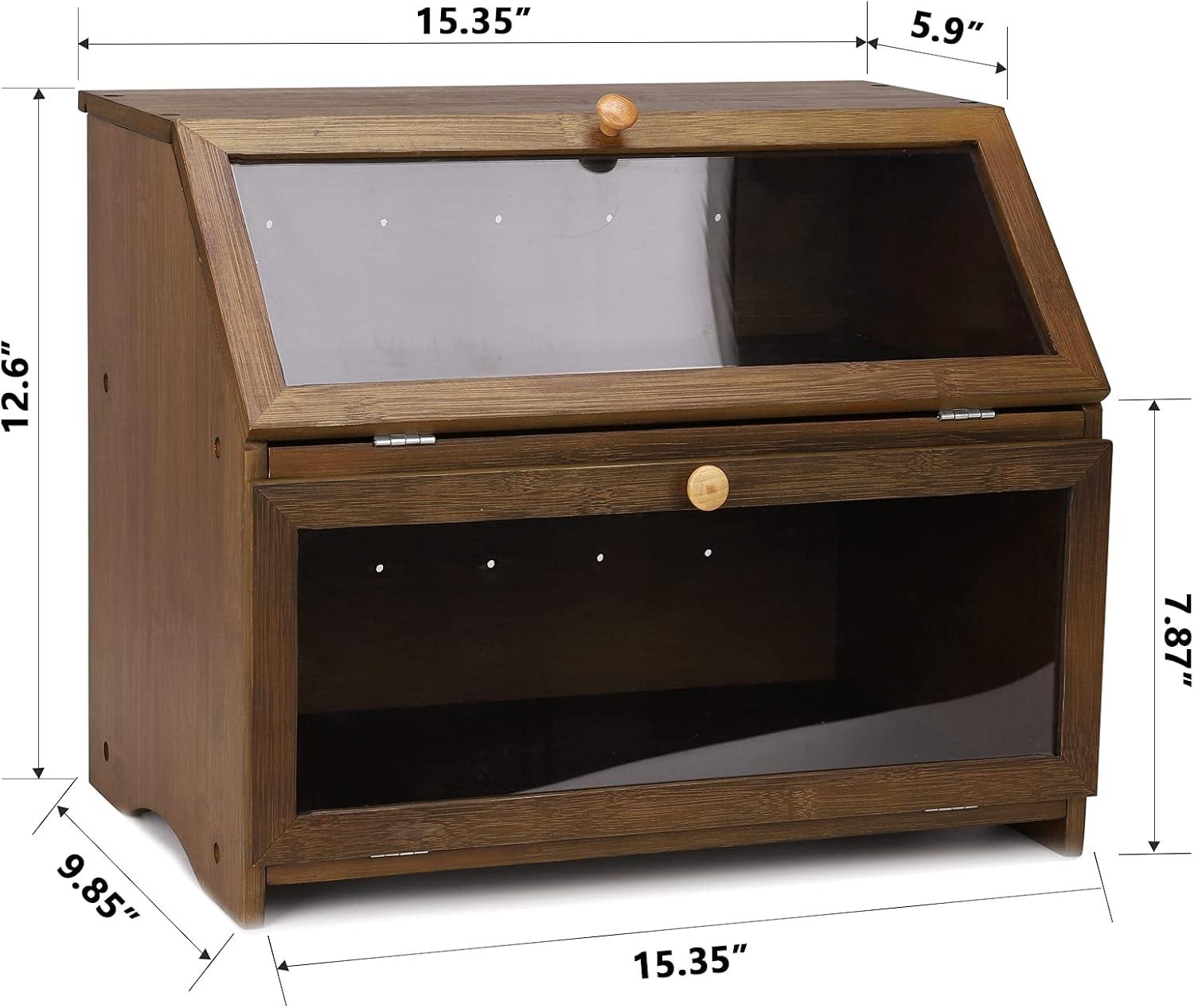 HOMEKOKO Double Layer Large Bread Box for Kitchen Counter, Wooden Large Capacity Bread Storage Bin (Brown)