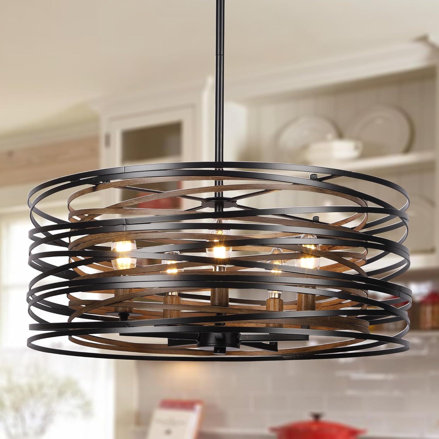 Dining Room Lighting Fixture, 5-Light Farmhouse Black Chandelier Drum Light, Round Metal with Retro Wood Texture Interior, E12 Bulbs Not Included