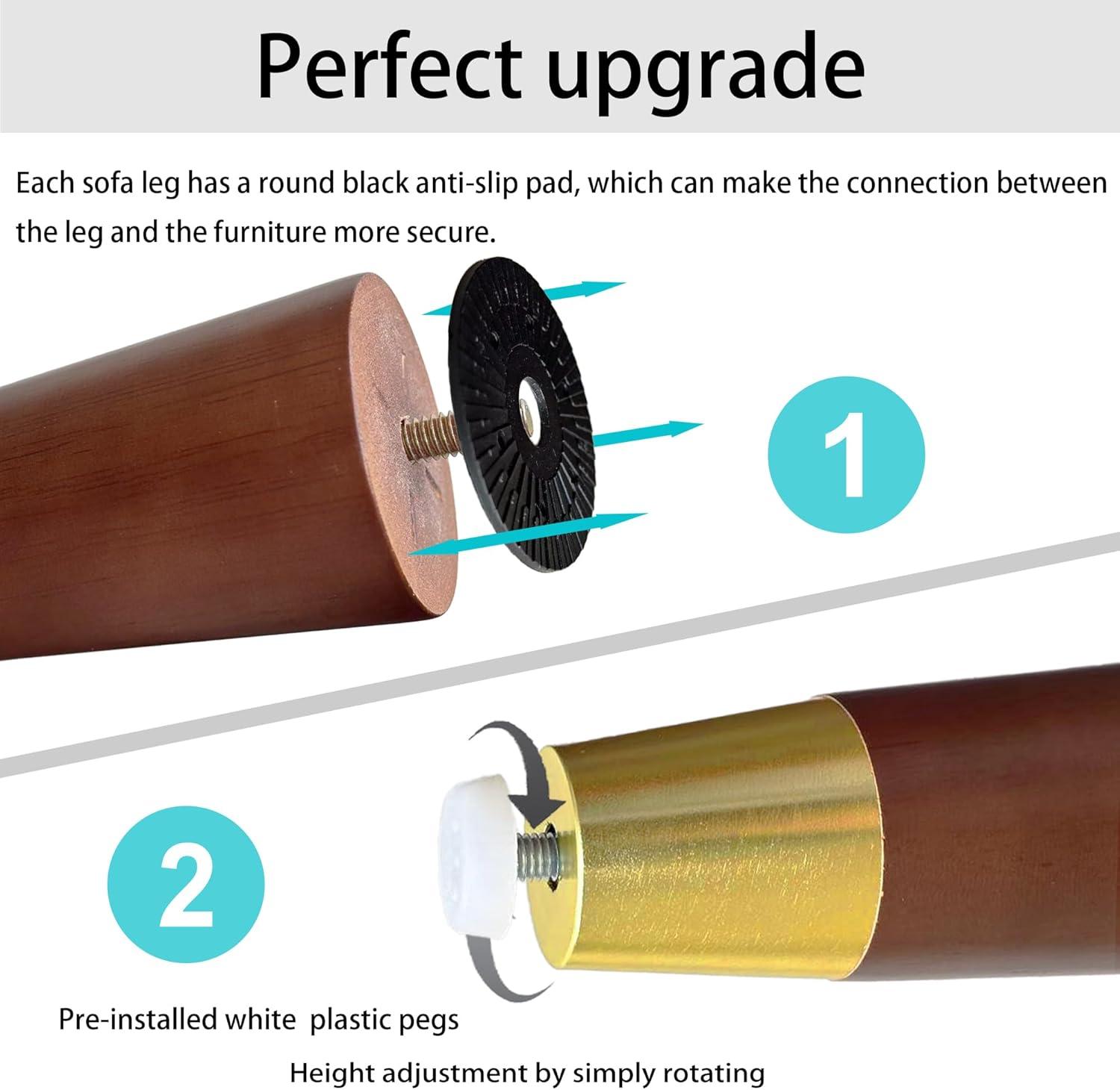 Hard Wood Furniture Legs with Gold Caps 6 Inch Mid-Century Modern Replacement Legs for Couch Dresser Cabinet Vanity Ottoman Walnut Color Sofa Legs Set of 4