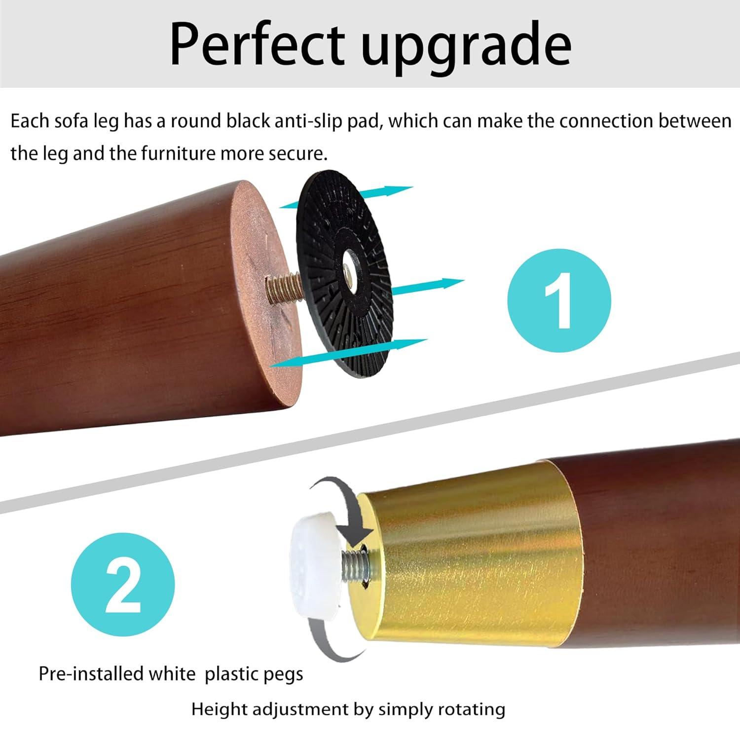 Hard Wood Furniture Legs with Gold Caps 6 Inch Mid-Century Modern Replacement Legs for Couch Dresser Cabinet Vanity Ottoman Walnut Color Sofa Legs Set of 4