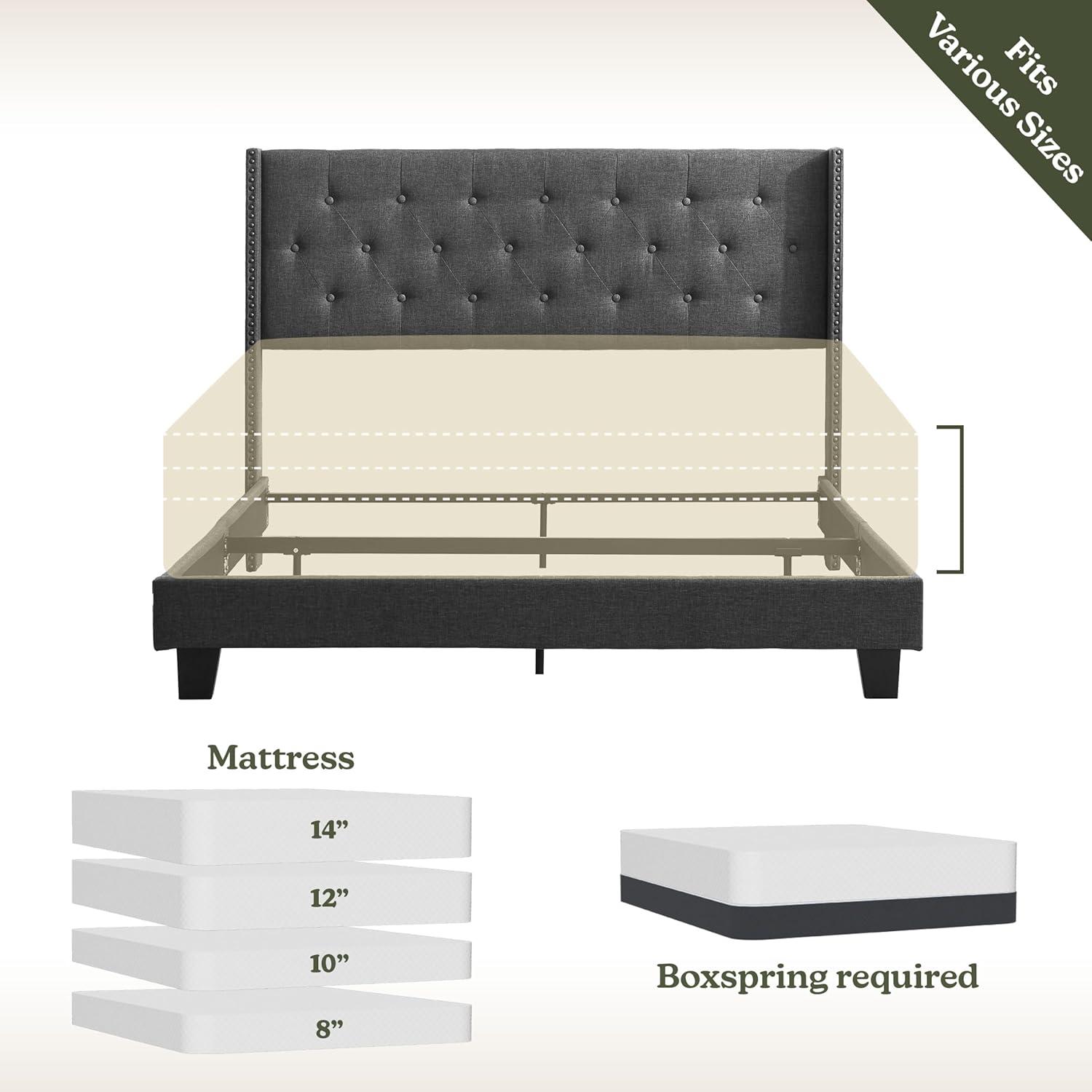 Bryt Wingback Diamond Upholstered Platform Bed, King Size Bed Frame with Headboard - Grey
