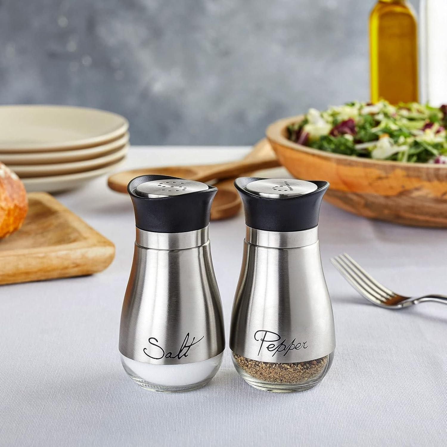 Juvale Stainless Steel Salt and Pepper Shakers Set with Glass Bottom, Perforated "S" and "P" Caps - Modern Kitchen Decor (4oz)