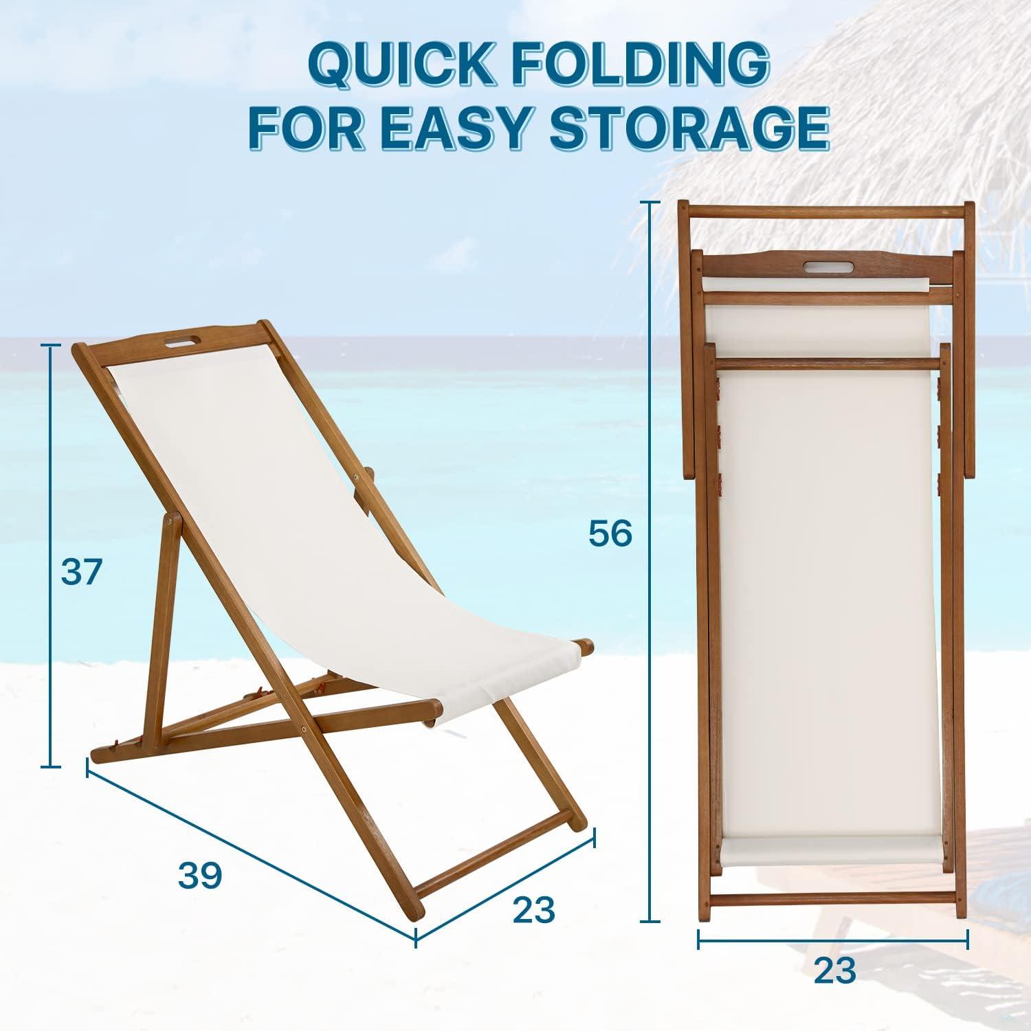 Beach Sling Chair Set, Folding Adjustable Frame Patio Lounge Chair Set of 2 Outdoor Solid Wood Frame Portable Reclining Beach Chair with White Polyester Canvas 3 Level for Beach Swimming Pool