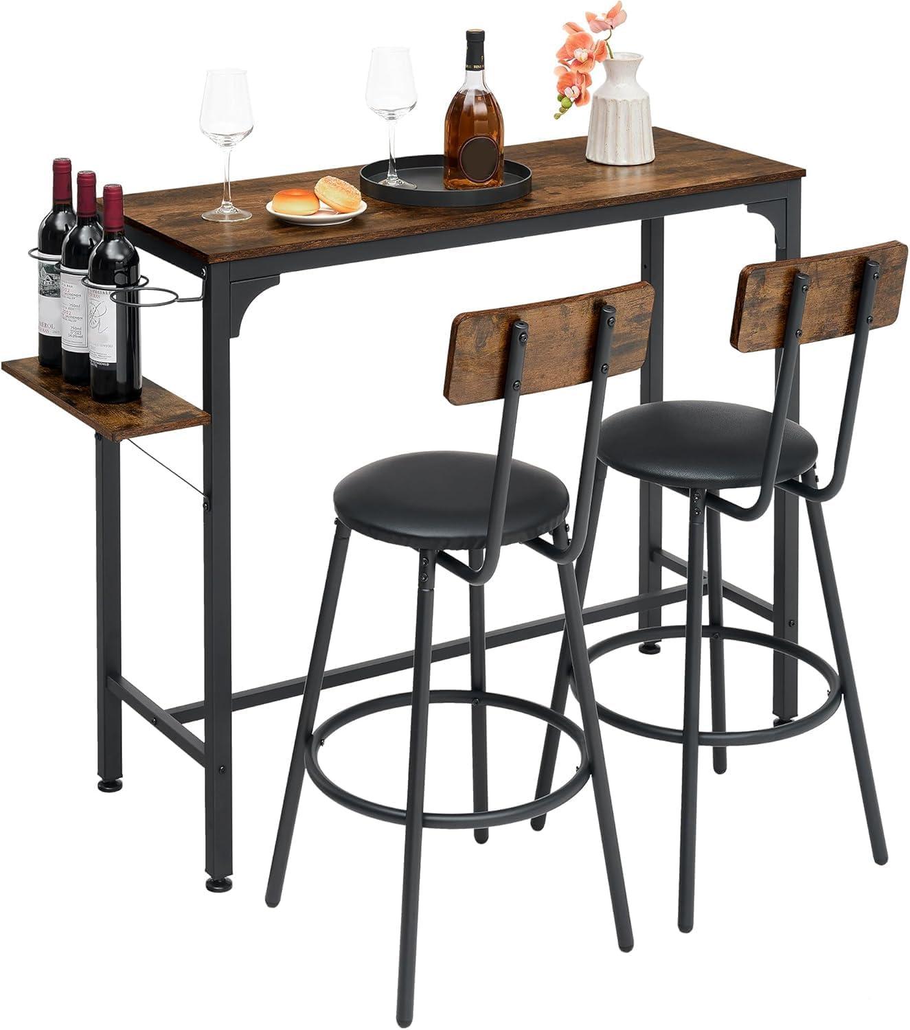 Table and Chair Set for 2  3-Piece Dining Table Set w/Folding Wine Rack   Table &2 PU Soft Stools w/Back  Counter Height Table and Chairs for Home  (Brown  47.2)