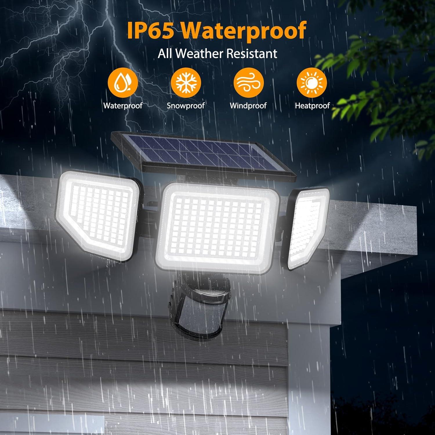 Onforu 3000LM Solar Lights Outdoor, 3 Heads Security Lights with Remote Control, IP65 Waterproof Motion Sensor Lights, 3 Modes Flood Lights for Wall, Porch, Yard, Outside, 2 Pack