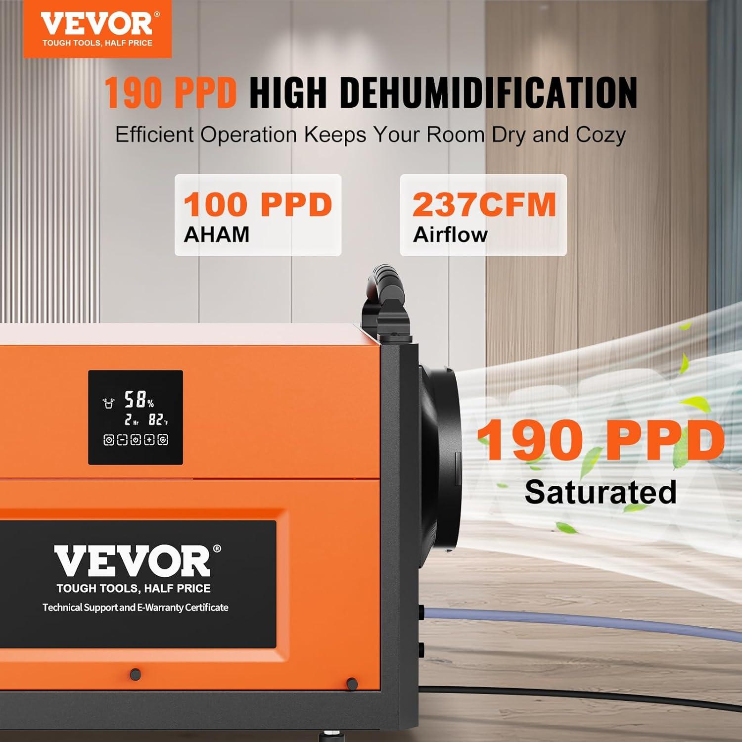 VEVOR 190 Pints Orange and Black Commercial Dehumidifier with Pump