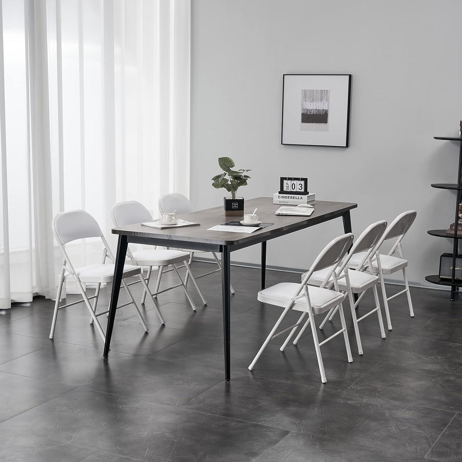 Folding Chairs with Padded Cushion and Back, 6pcs Potable Iron & PVC Durable Chairs for Indoor and Outdoor, School, Office and Garden Party, White