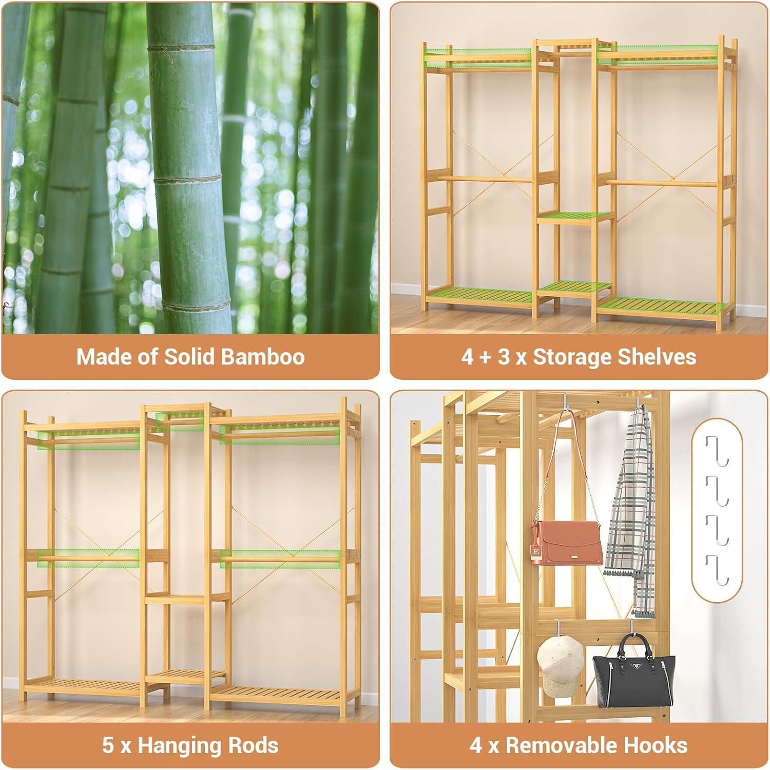 Natural Bamboo Freestanding Closet System with Shelves and Rods