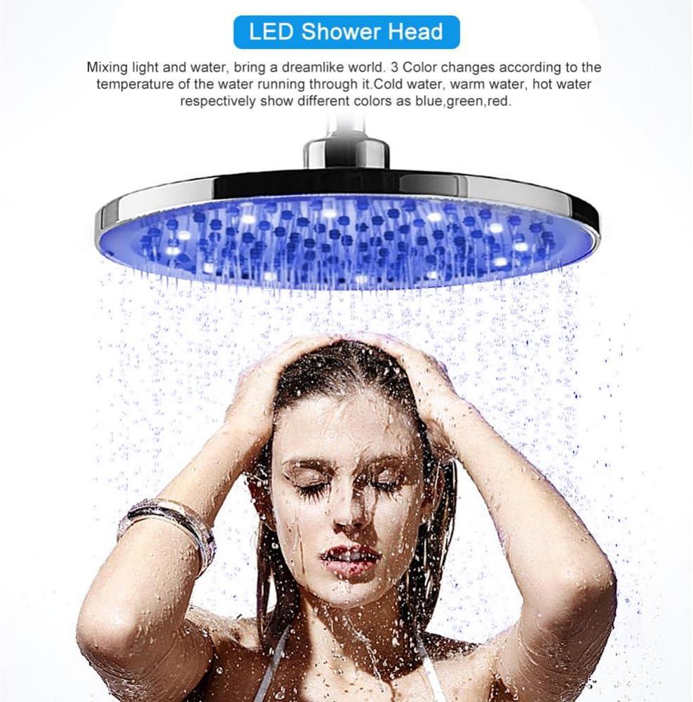 Rain Shower Head, 8" inch Round LED Shower with 3 Color Temperature Controlled Lights Changing automatically Water Rainfall High-Pressure Bathroom Shower Head