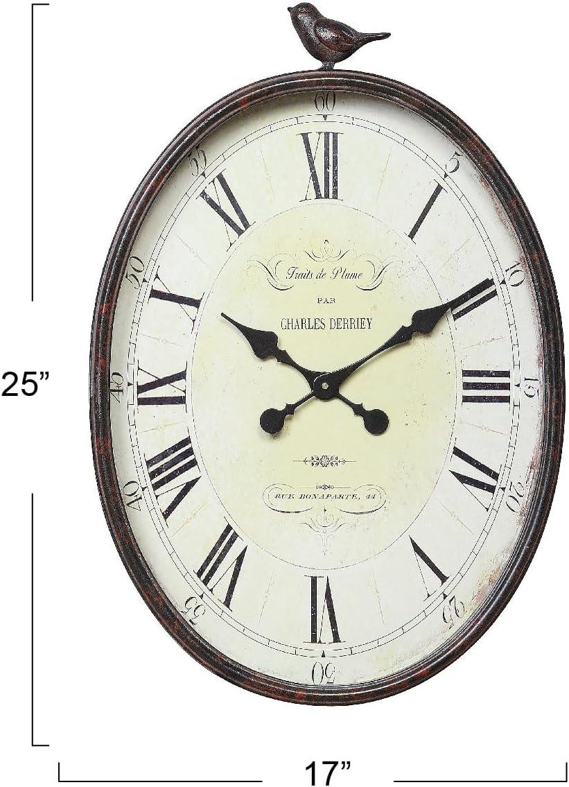 Storied Home 17" x 25-1/4" Metal Wall Clock with Bird Rust - 3R Studios: Indoor Oval Timepiece, No Choking Hazard