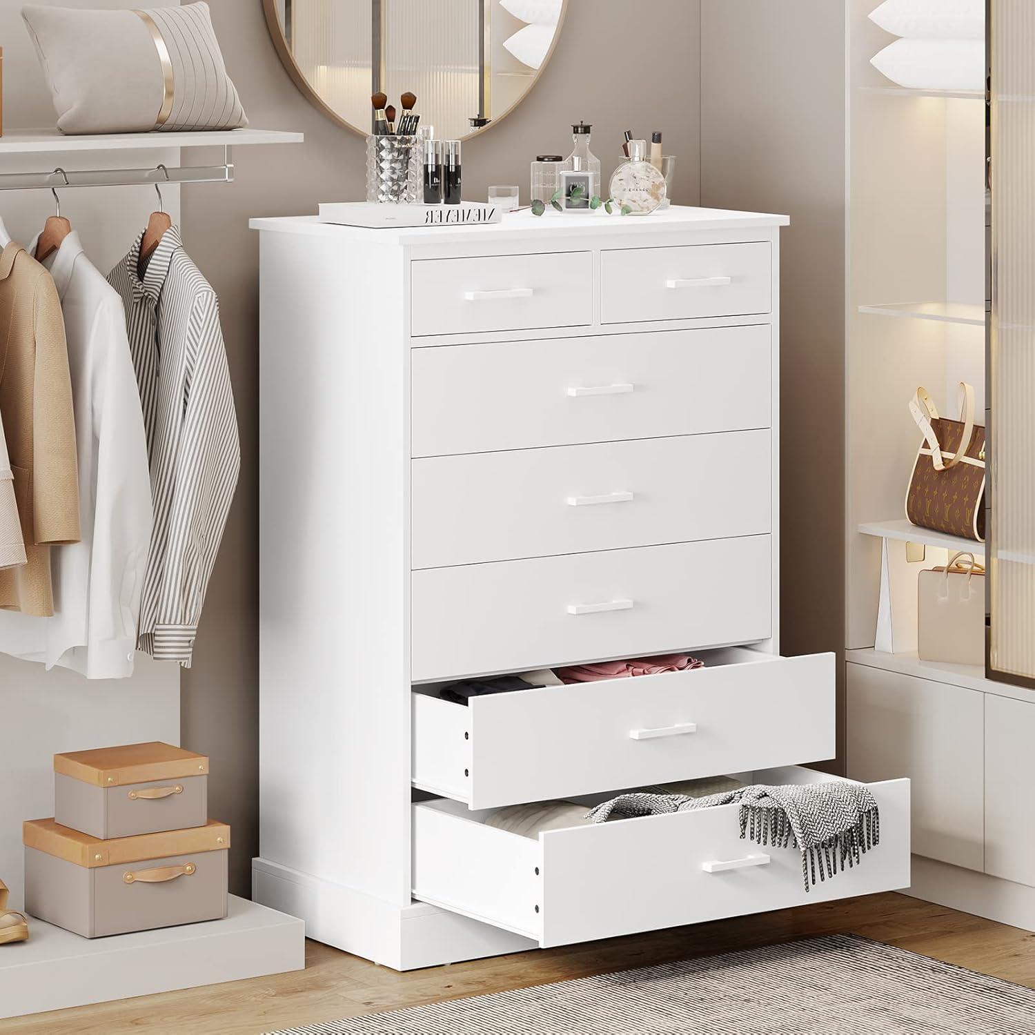 Hasuit White Dresser for Bedroom, Tall 7 Drawer Dresser with Sturdy Base, Wood Storage Tower Clothes Organizer, Large Storage Cabinet, Chest of 7 Drawers for Closet, Living Room, Hallway