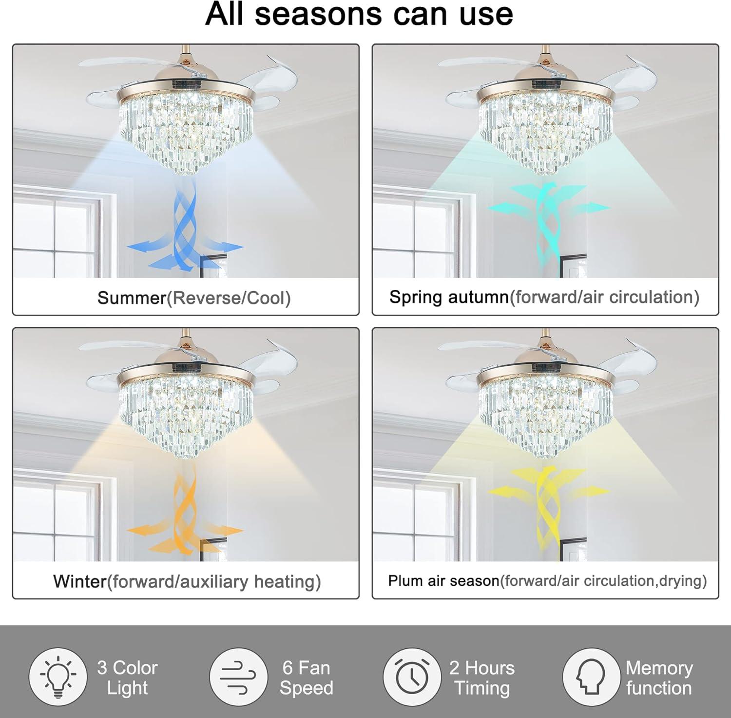 HOOMEDELIER 42" Chandelier Ceiling Fan with Remote, Crystal Beads Framed Fan with 4 Retractable Blades Smart Indoor Fandelier Fan