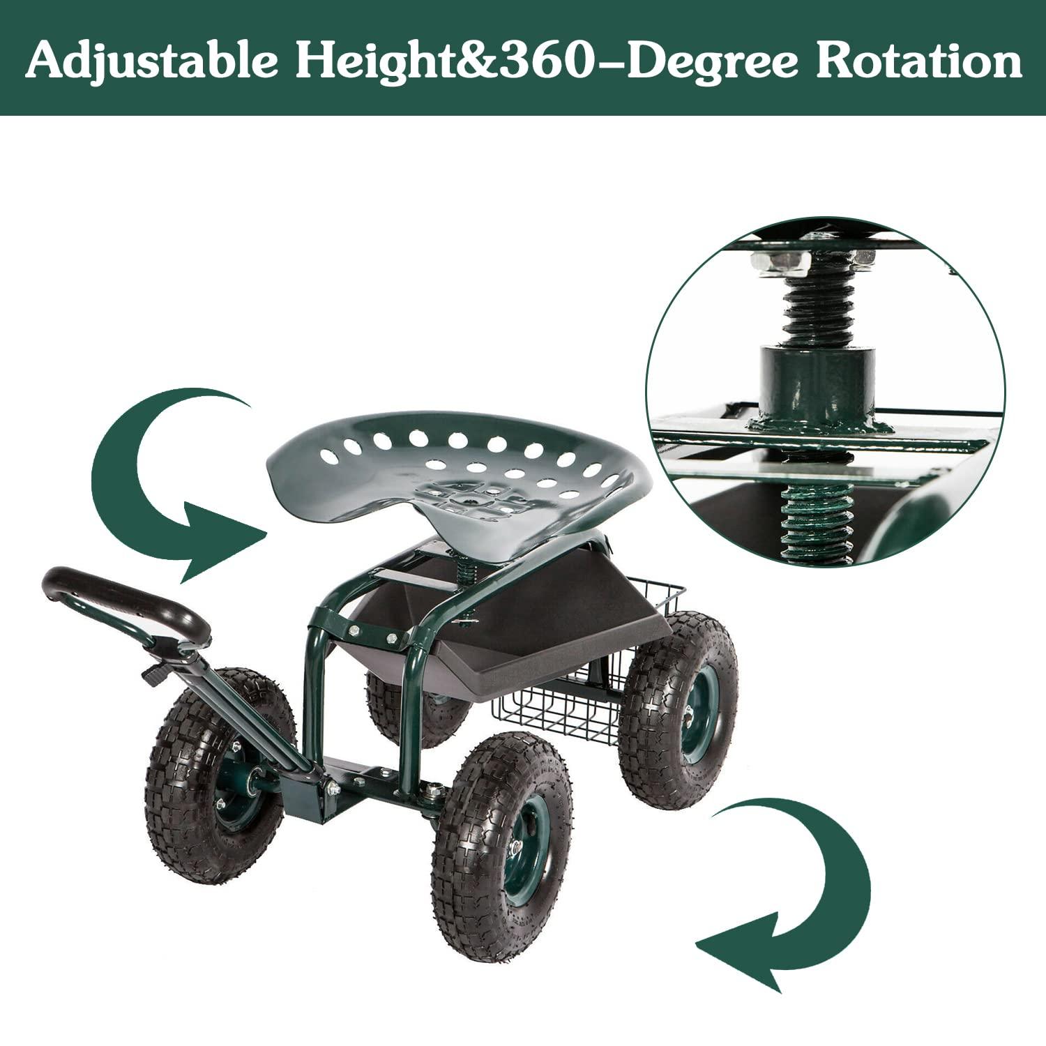 Rolling Garden Cart Scooter Stool - Garden Seat with Wheels Garden Cart with Seat, Adjustable Handle 360 Degree Swivel (Green)
