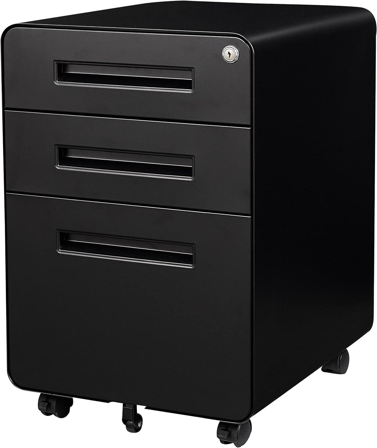 DaiZuY 3 Drawer Mobile File Cabinet with Lock, Heavy Duty Metal Filing Cabinet Rolling Pedestal Under Desk for Home Office, Legal/Letter/A4 Size, Fully Assembled, Black