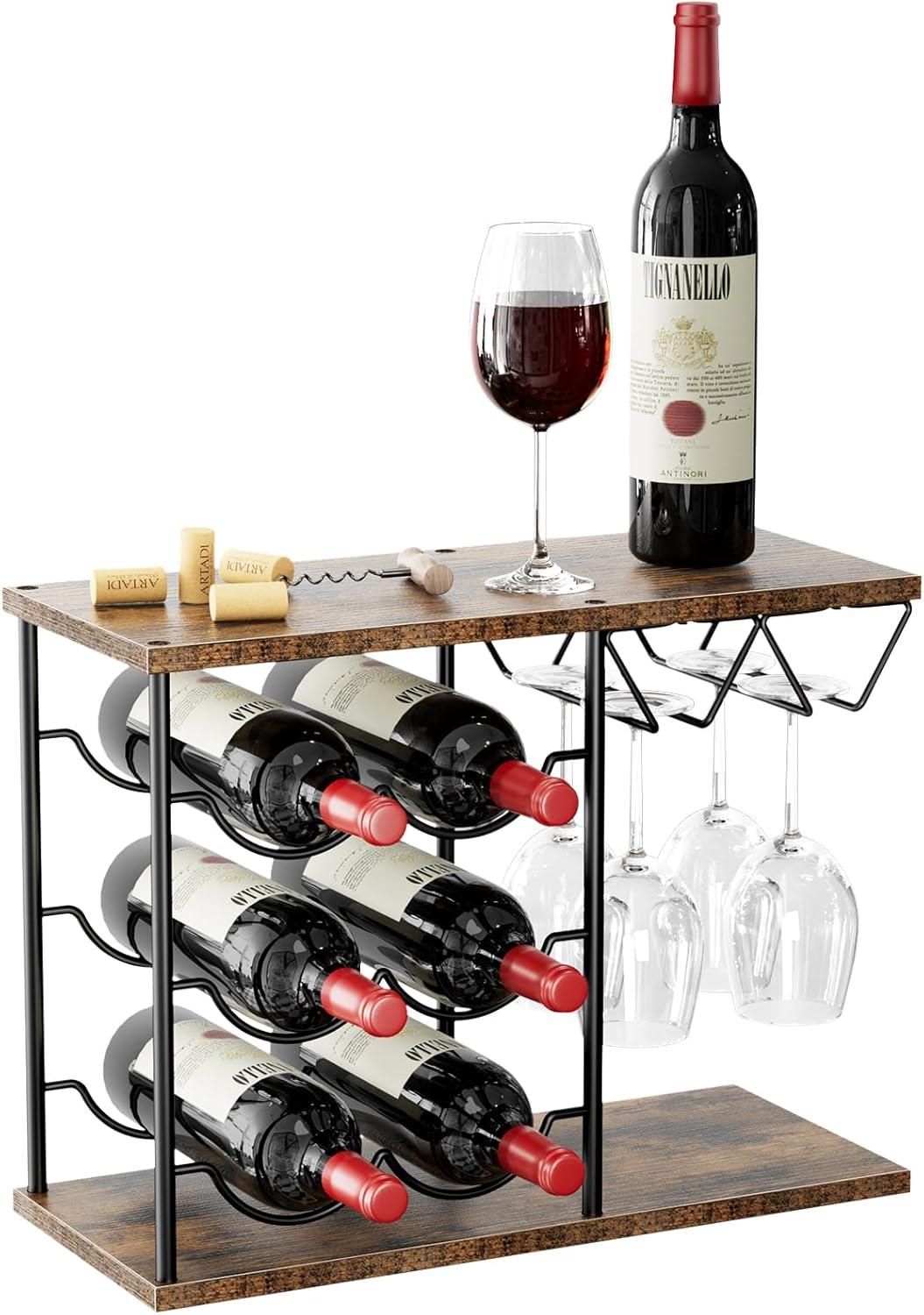 Wine Racks Countertop, Hold 6 Bottles and 4 Wine Glass Rack Wine Holder, Freestanding Wine Rack for Home, Kitchen, Bar, Wine Cellar, Cabinet