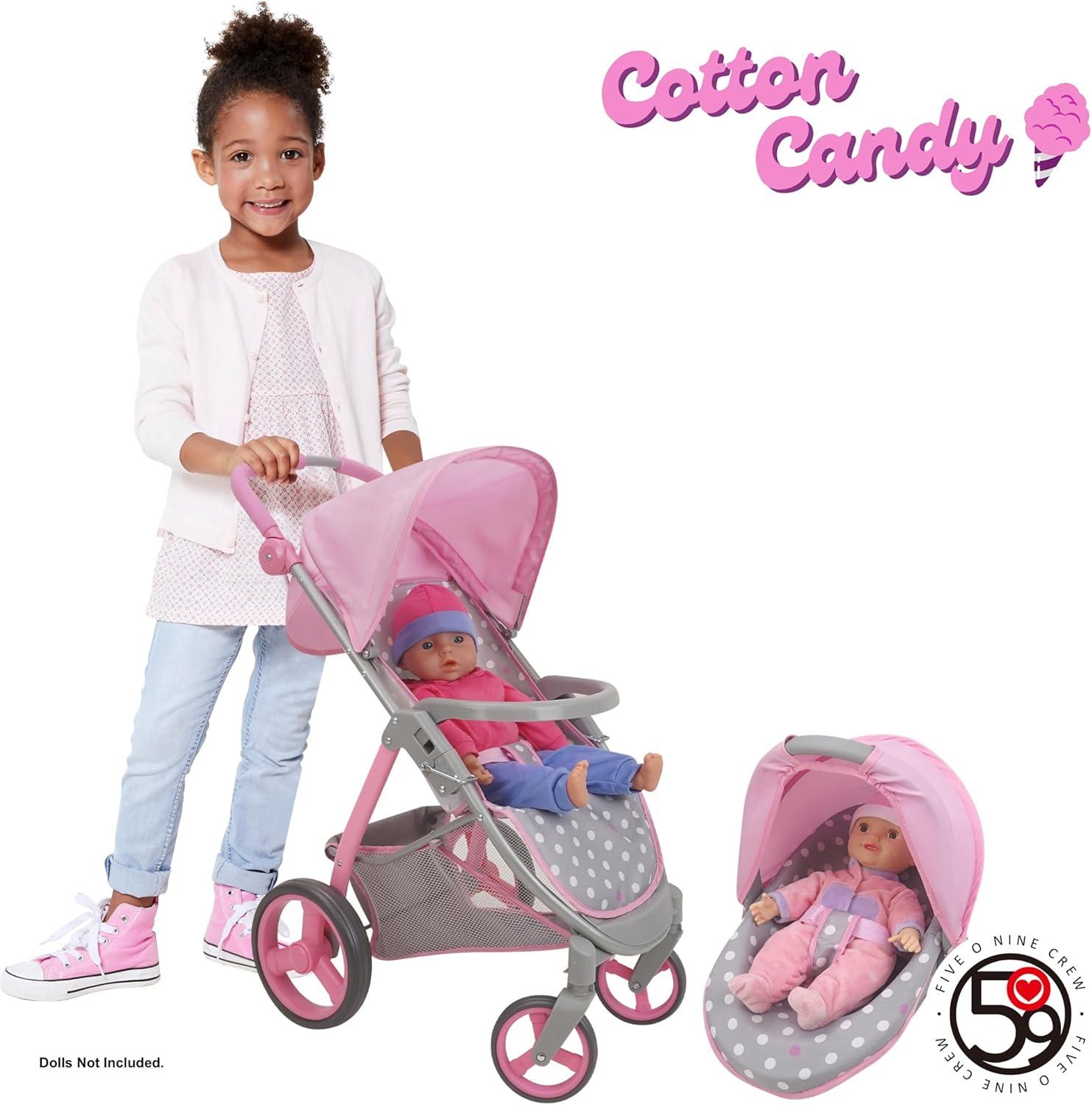 Cotton Candy Pink Doll Travel System in Grey Polka Dots, Fits Dolls Up to 18"