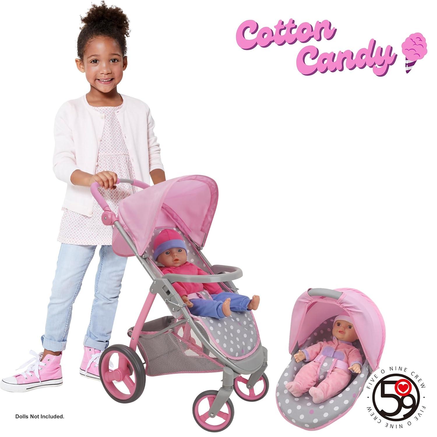 Cotton Candy Pink Doll Travel System in Grey Polka Dots, Fits Dolls Up to 18"
