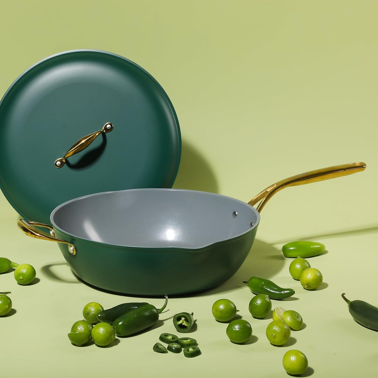 frök Frok 13"  Frying Pan Wok Skillet 4MM Thick Quick Heat Aluminum Cookware W/ Aluminum Lid Set W/ Premium PFA Free Ceramic Nonstick Interior & Heat Resistant Exterior - Induction