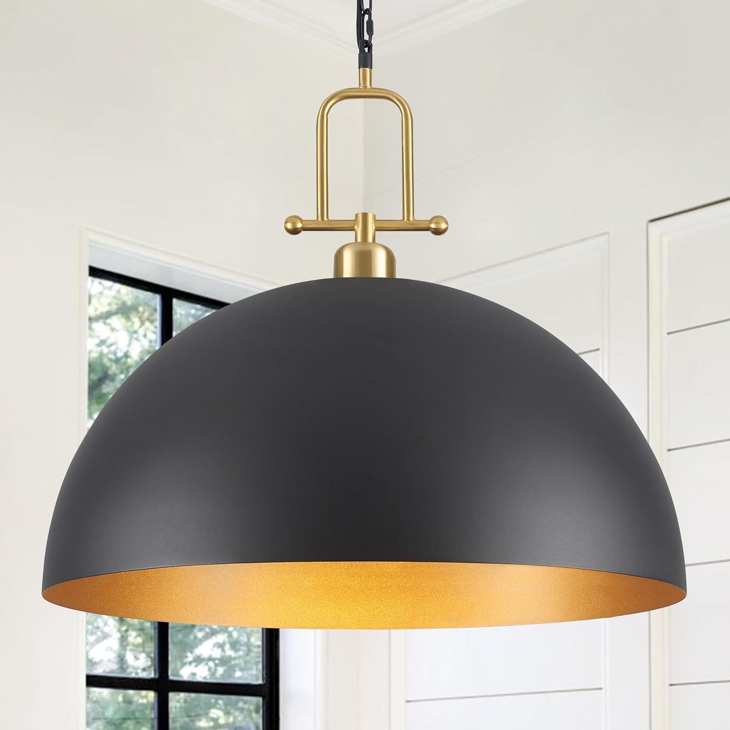 Everly Quinn 17.7" Farmhouse Vintage Black And Gold Pendant Light - Dome Chandelier For Kitchen Island, Dining Room, Hallway