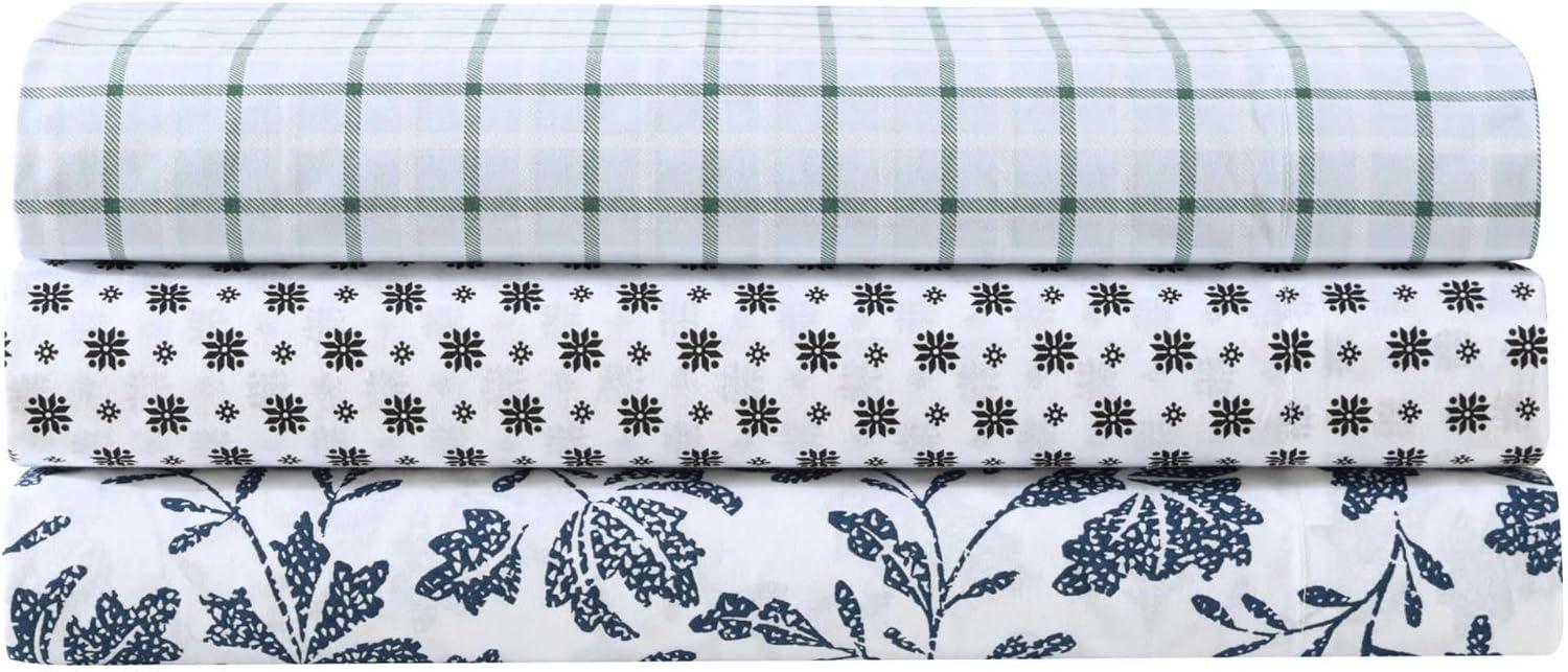 Queen Blue Floral Cotton Percale Deep Pocket Sheet Set
