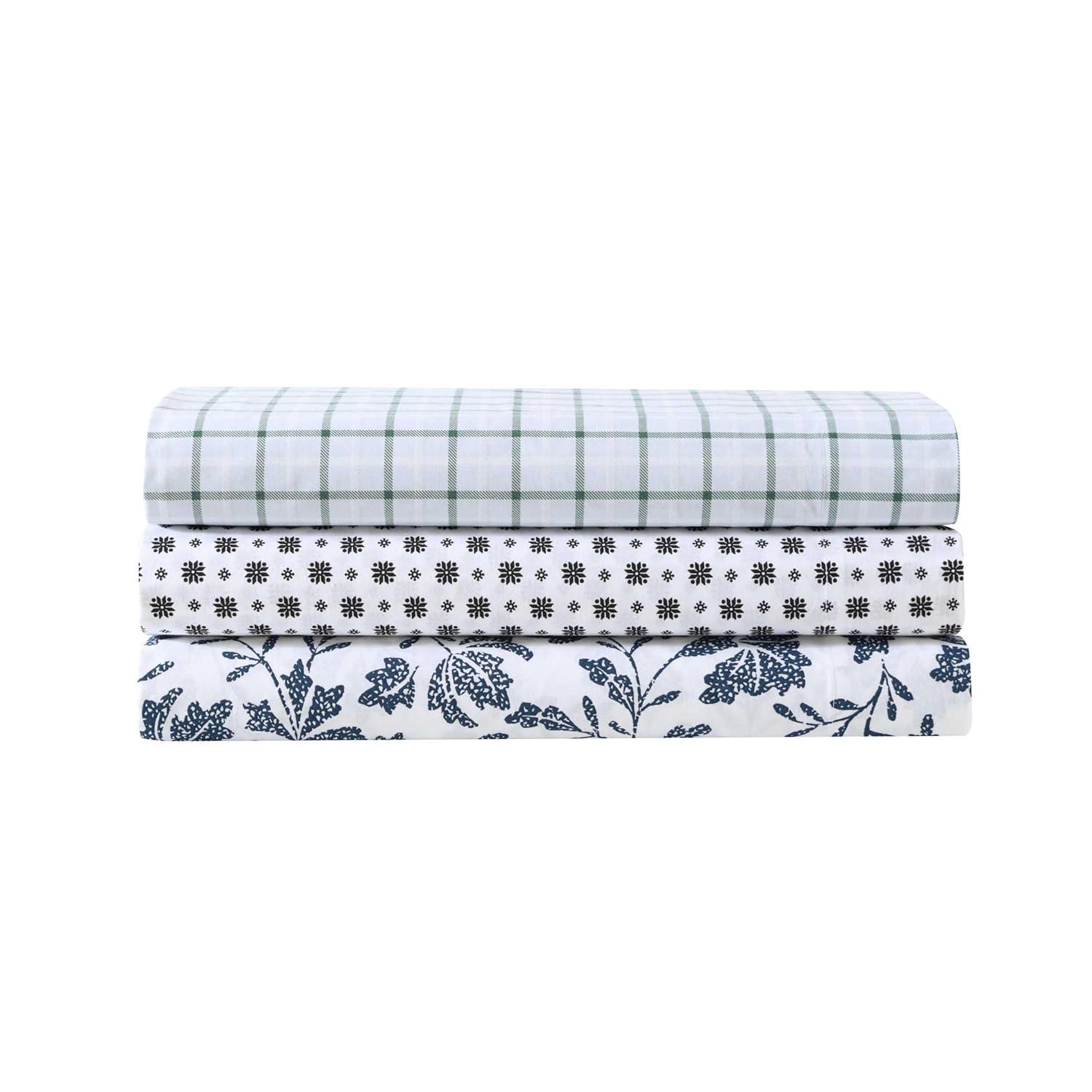 Eddie Bauer Woodblock Floral Blue 100% Cotton Percale Queen Sheet Set