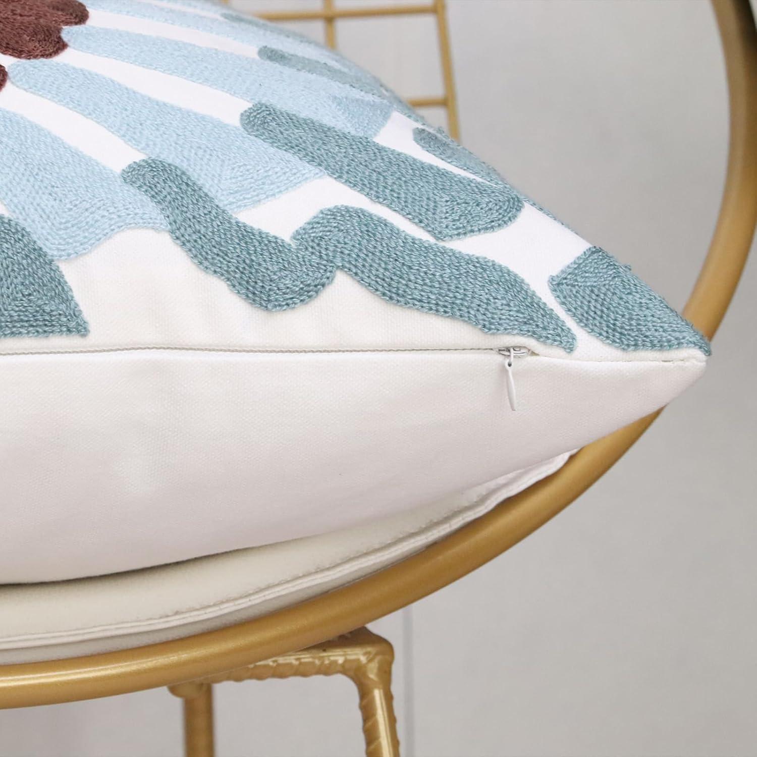 2 PCS Embroidered Throw Pillow Cover Cotton Decorative Square Cushion Cases for Home Sofa Bed and Chair 18 x 18 Inch (Blue Flower-2)