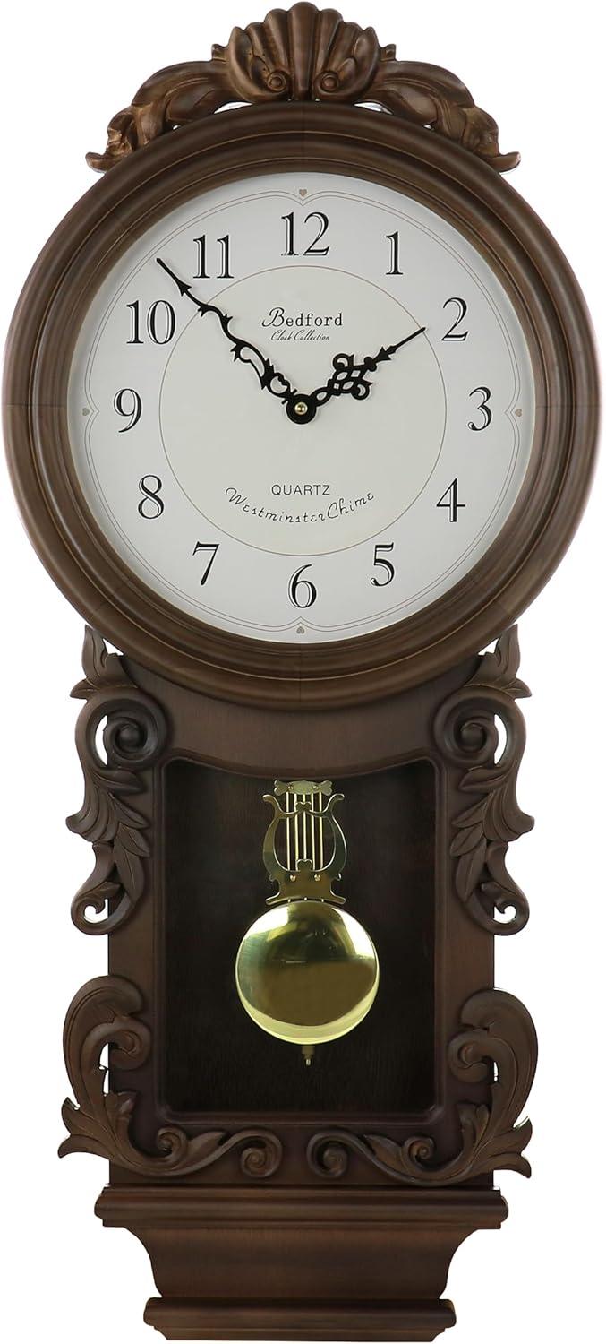 Bedford Clock Collection Chestnut Chiming Pendulum Wall Clock