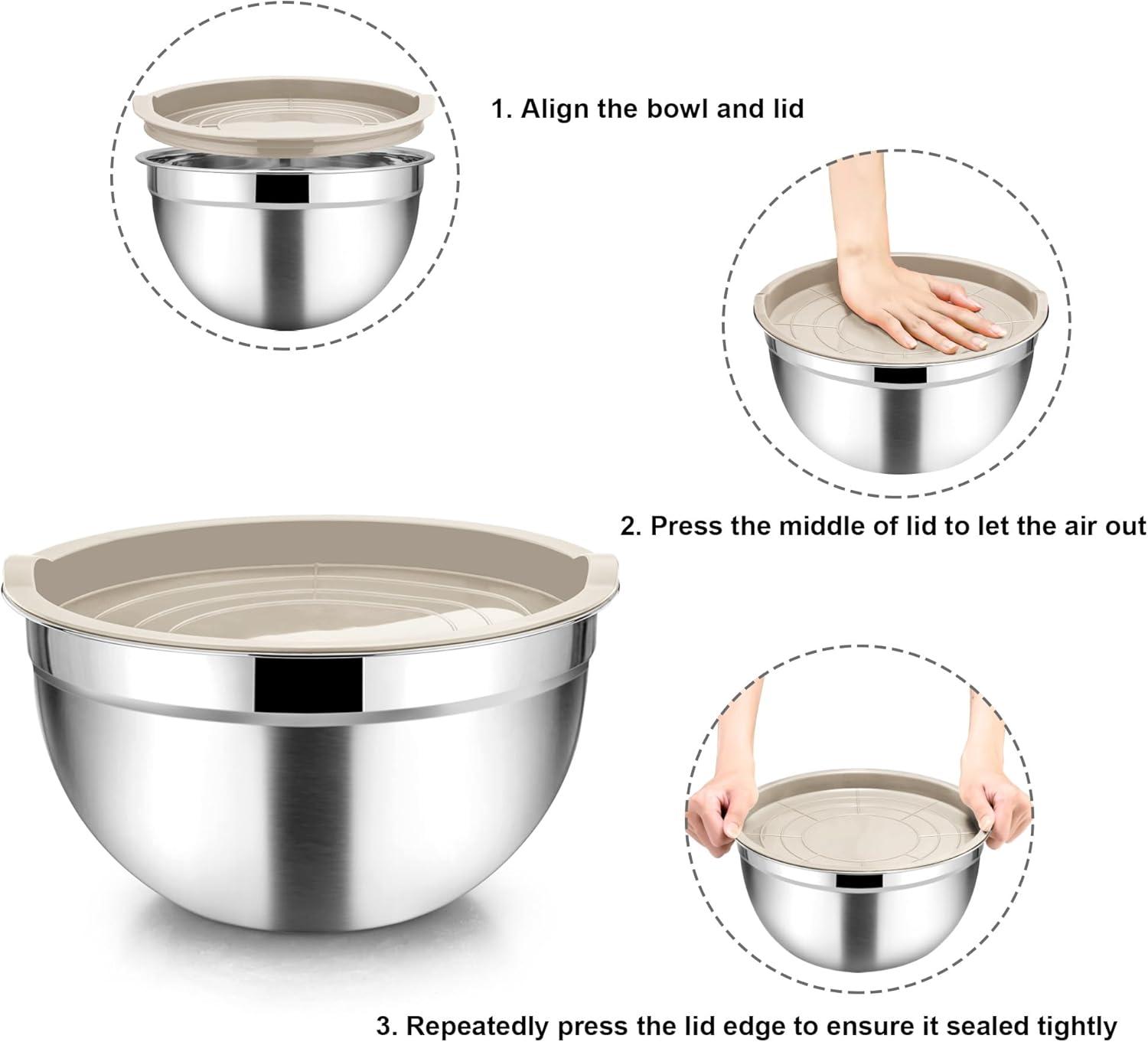 Khaki Stainless Steel Nesting Mixing Bowls with Lids Set of 5