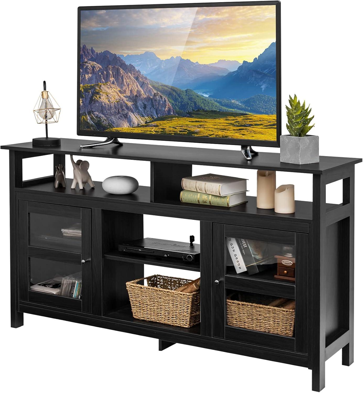 Tangkula Farmhouse TV Stand for TVs up to 65" Flat Screen, Wooden TV Console Table w/2 Cabinets & 4 Shelves, Home Living Room Furniture, Entertainment Center for 18" Electric Fireplace (Not Included)
