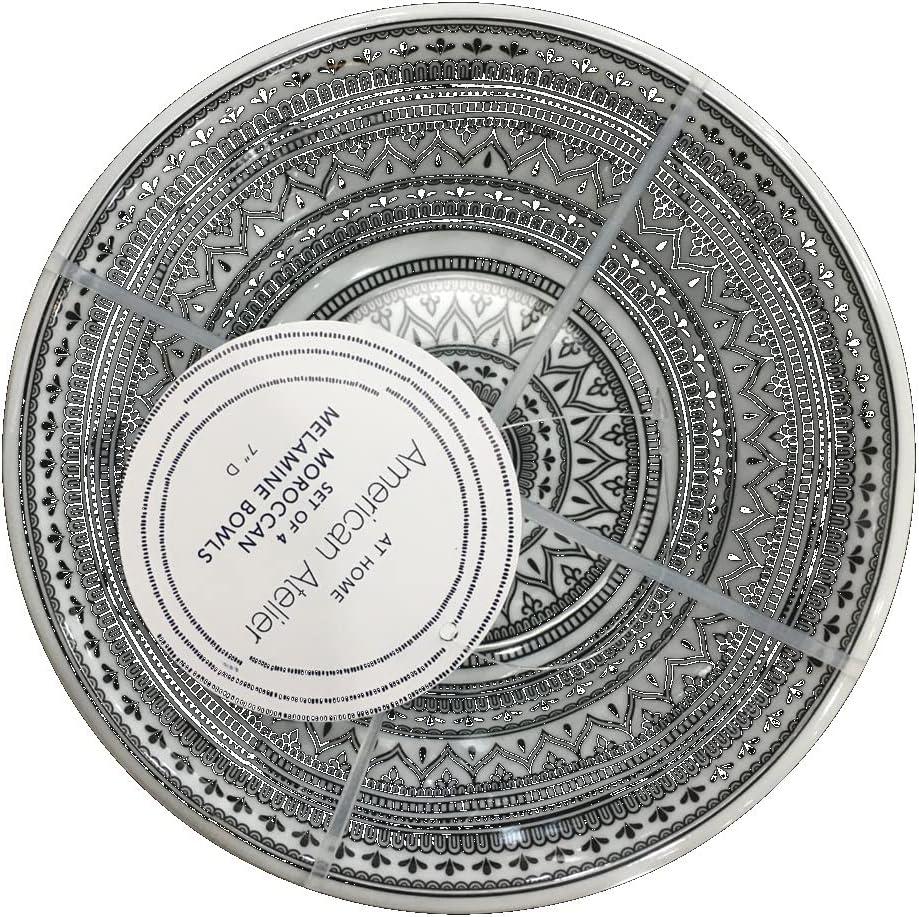 American Atelier Moroccan Black/White Design Melamine Cereal Bowls, 7-Inch, Lightweight and Break-Resistant Pasta Bowls, Set of 4,