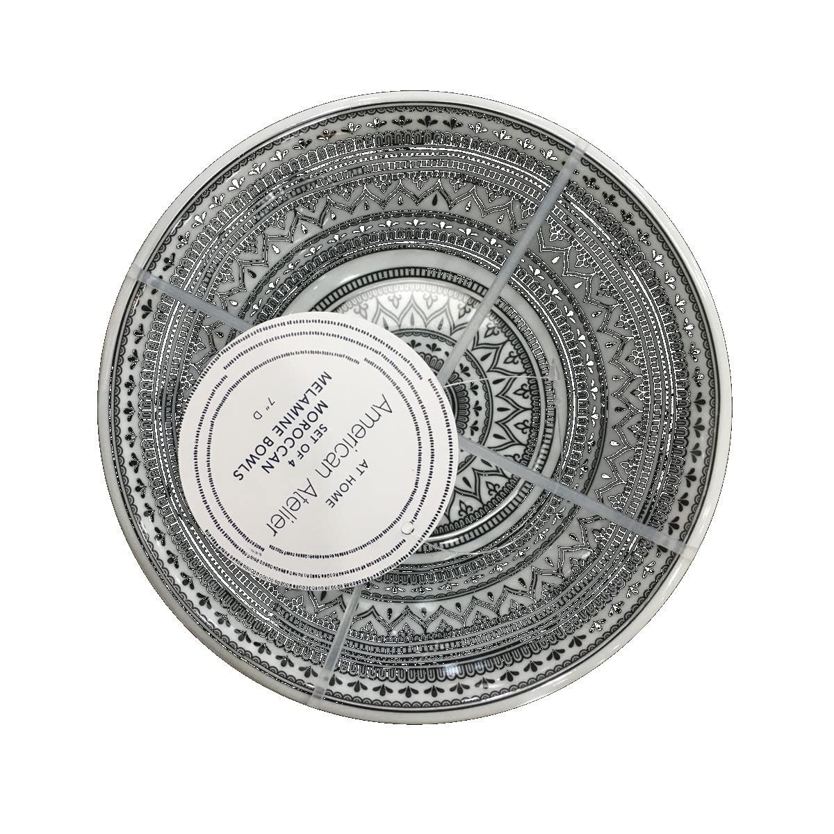 American Atelier Moroccan Black/White Design Melamine Cereal Bowls, 7-Inch, Lightweight and Break-Resistant Pasta Bowls, Set of 4,
