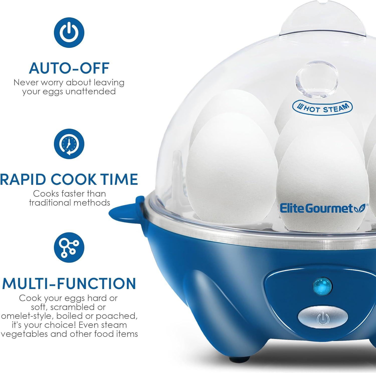 Elite Gourmet EGC700BL# Rapid Egg Cooker, 7 Easy-To-Peel, Hard, Medium, Soft Boiled Eggs, Poacher, Omelet Maker, Auto Shut-Off, Alarm, 16-Recipe Booklet, BPA-Free, Ocean