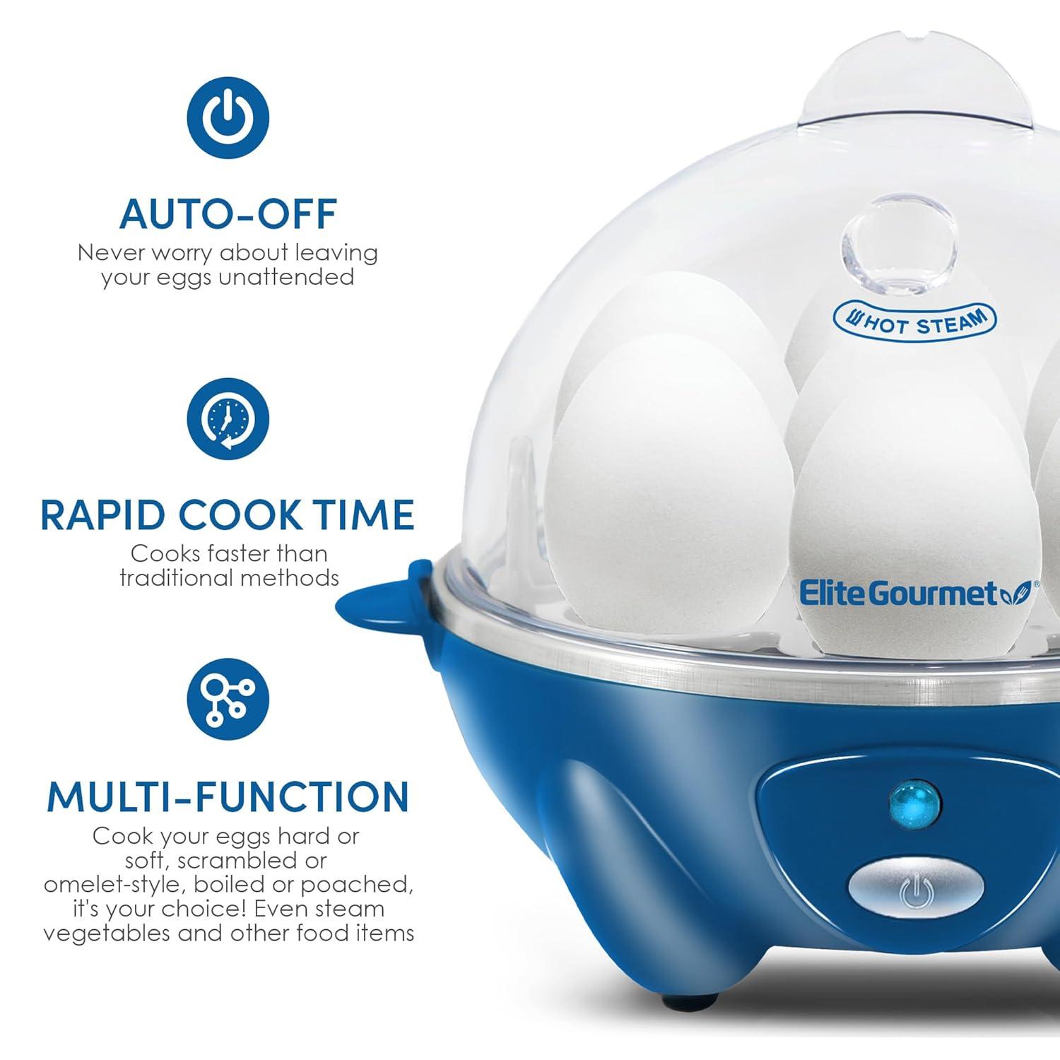 Elite Gourmet EGC700BL# Rapid Egg Cooker, 7 Easy-To-Peel, Hard, Medium, Soft Boiled Eggs, Poacher, Omelet Maker, Auto Shut-Off, Alarm, 16-Recipe Booklet, BPA-Free, Ocean