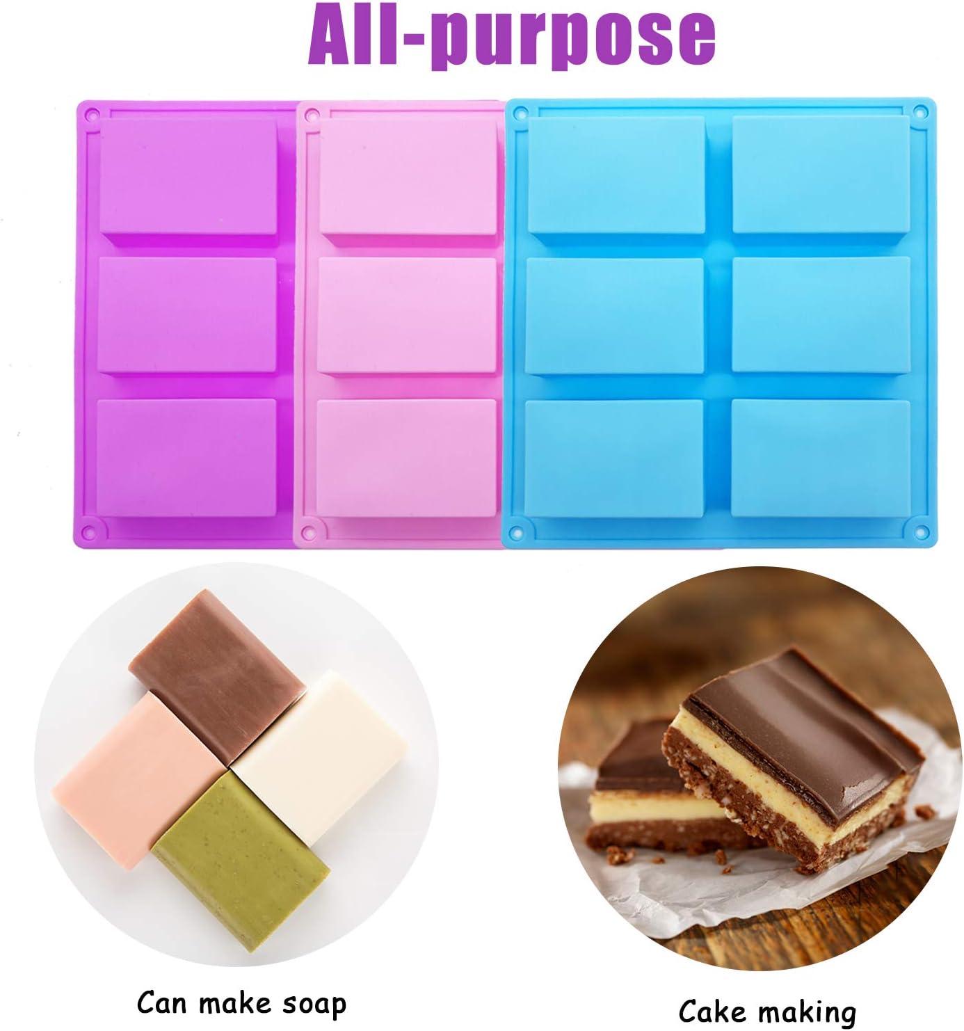 3 Pack Silicone Soap Molds, 6 Cavities Rectangle Silicone Soap Molds, Great for Homemade Craft Soap Mold, Chocolate Mold, Cake Mold ＆ Ice Cube Tray - Just Pop Out（Pink & Blue & Purple）