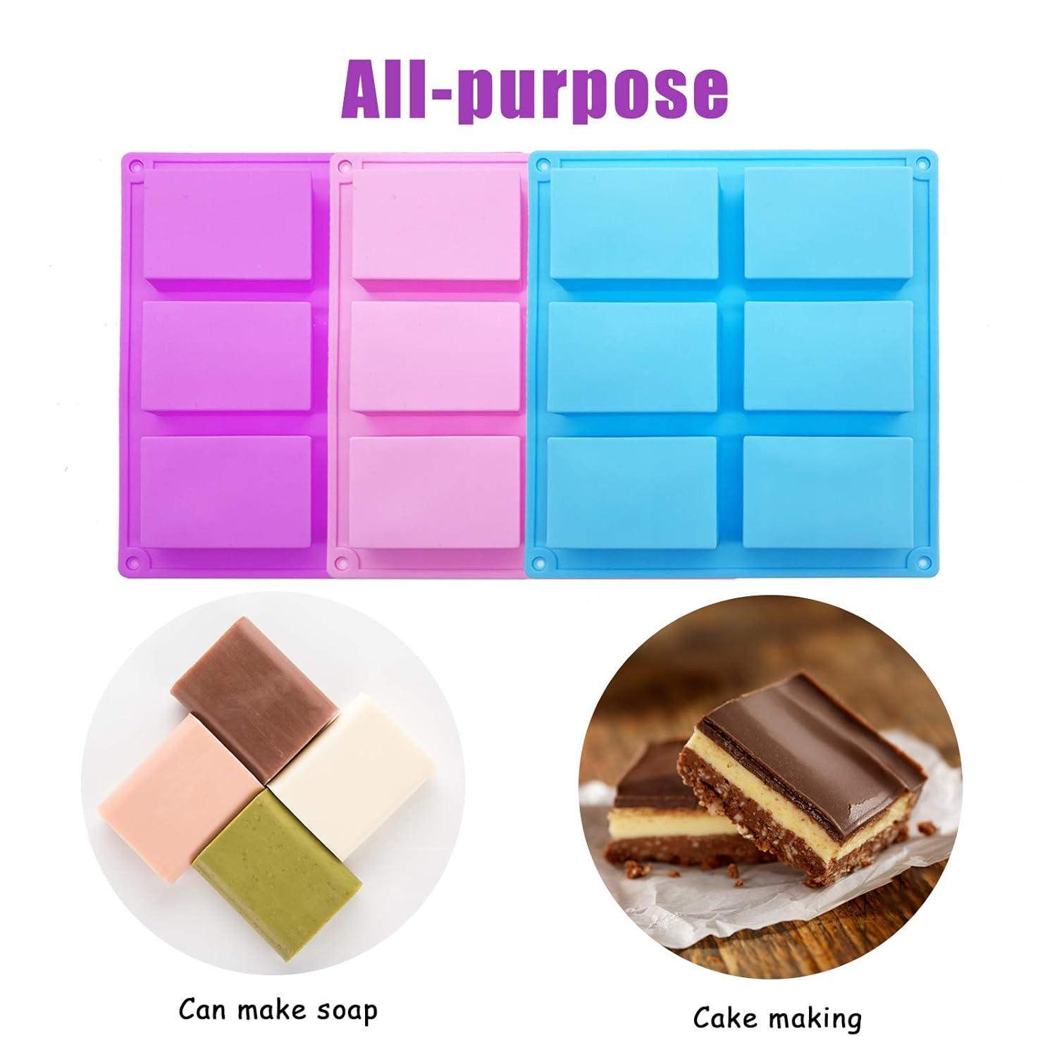 3 Pack Silicone Soap Molds, 6 Cavities Rectangle Silicone Soap Molds, Great for Homemade Craft Soap Mold, Chocolate Mold, Cake Mold & Ice Cube Tray - Just Pop Out(Pink & Blue & Purple)