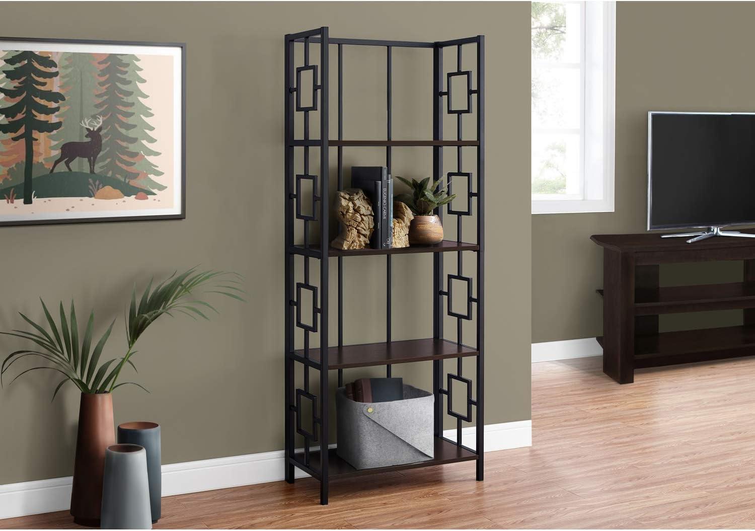 62" Espresso and Black Metal 4-Tier Adjustable Bookcase