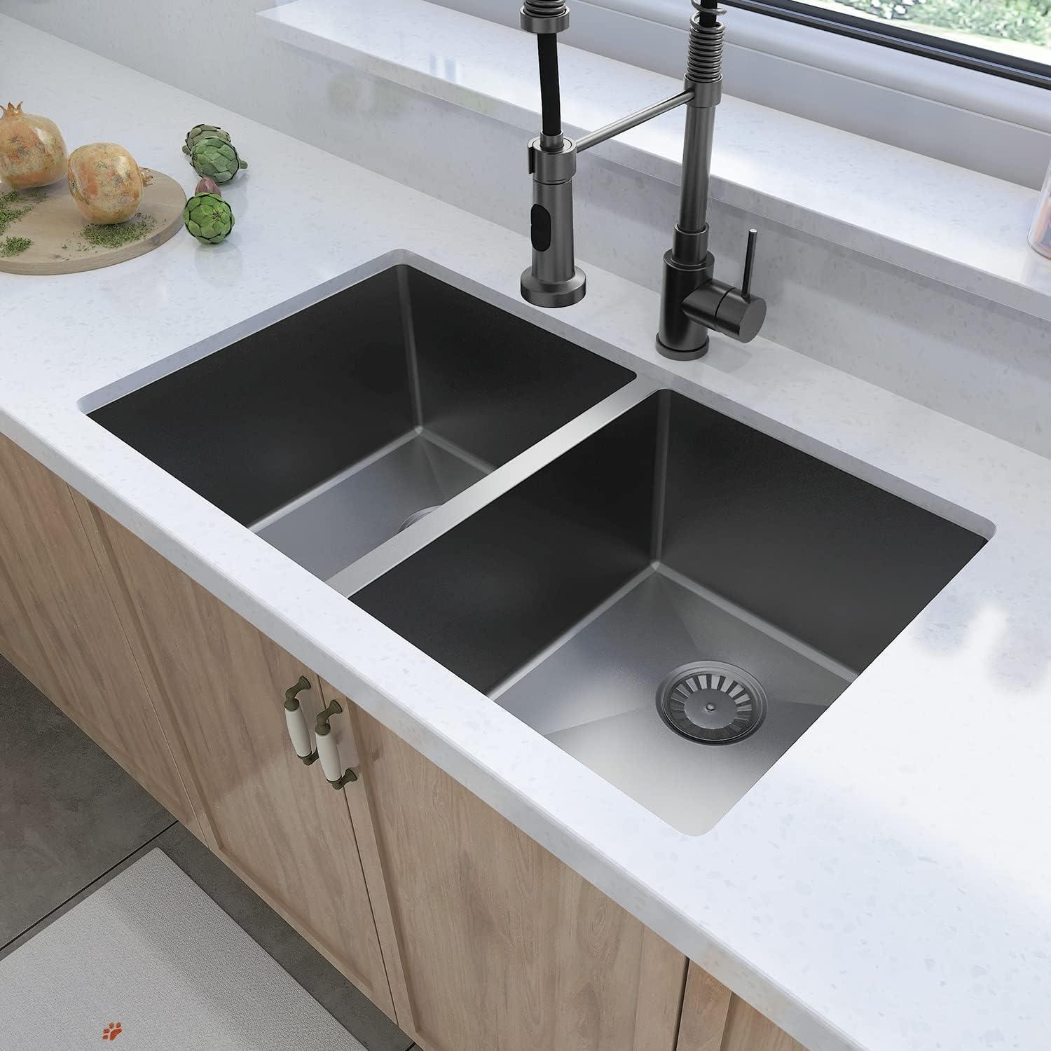 Sinber  Undermount Double Bowl 304 Stainless Steel Kitchen Sink 32" x 19" x 10"(18 Gauge Sink Only) - Black