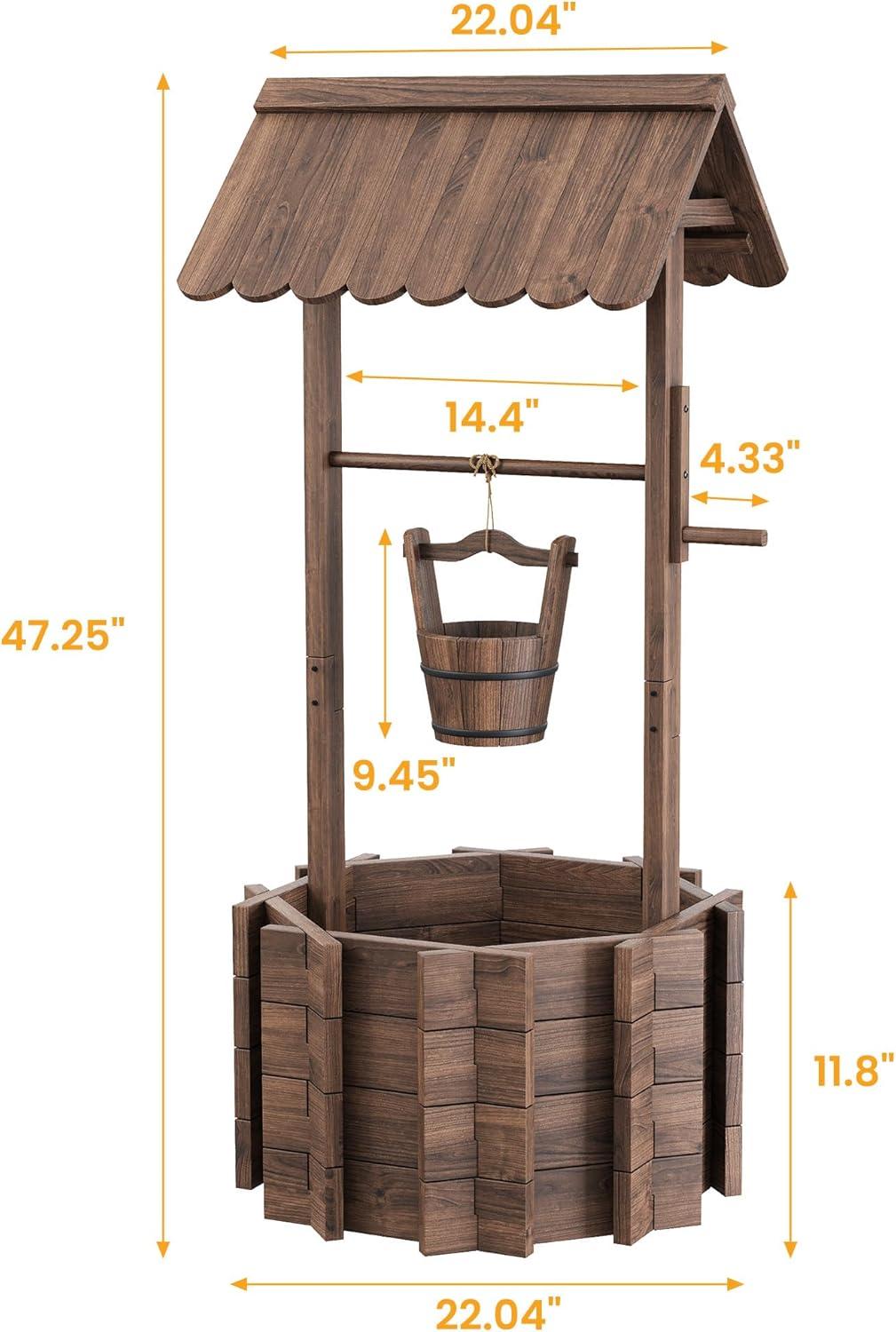 Rustic Brown Fir Wood Hanging Wishing Well Planter