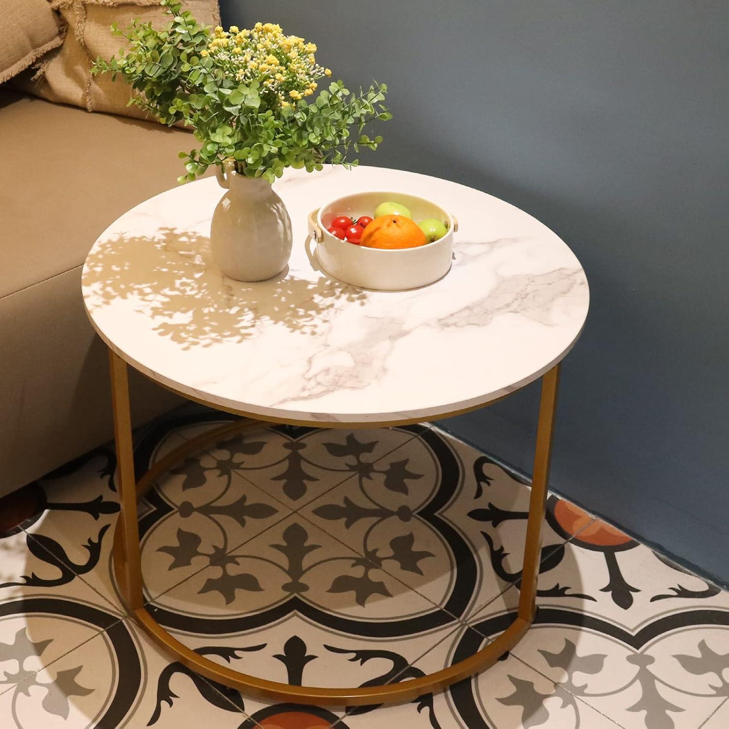 White Marble and Gold Round Nesting Coffee Table Set