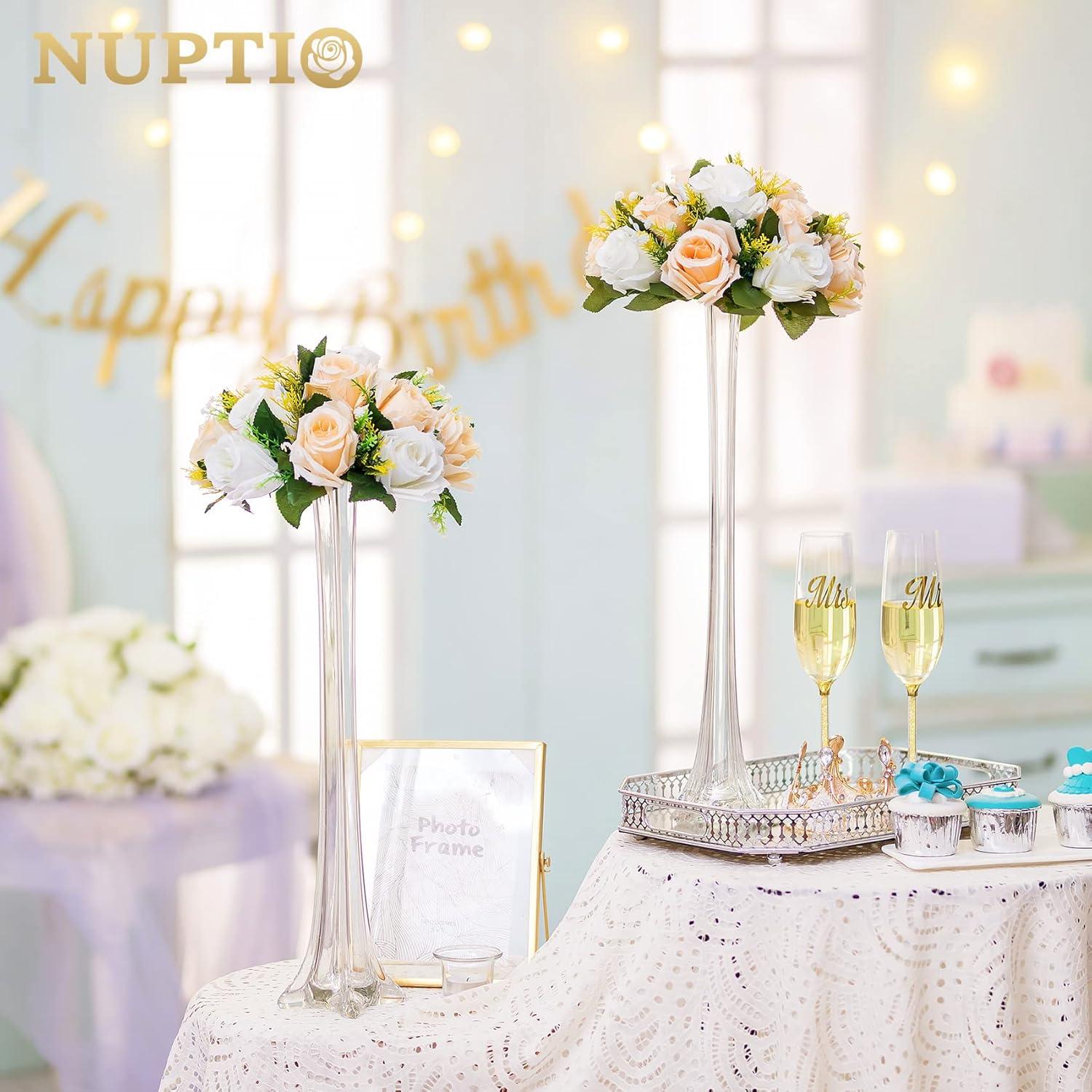 Nuptio Set of 10 Champagne Artificial Flower Kissing ball, 15 Heads Fake Peony Silk Rose Flowers Bouquet for Centerpiece Wedding Birthday Party Home Table Decor