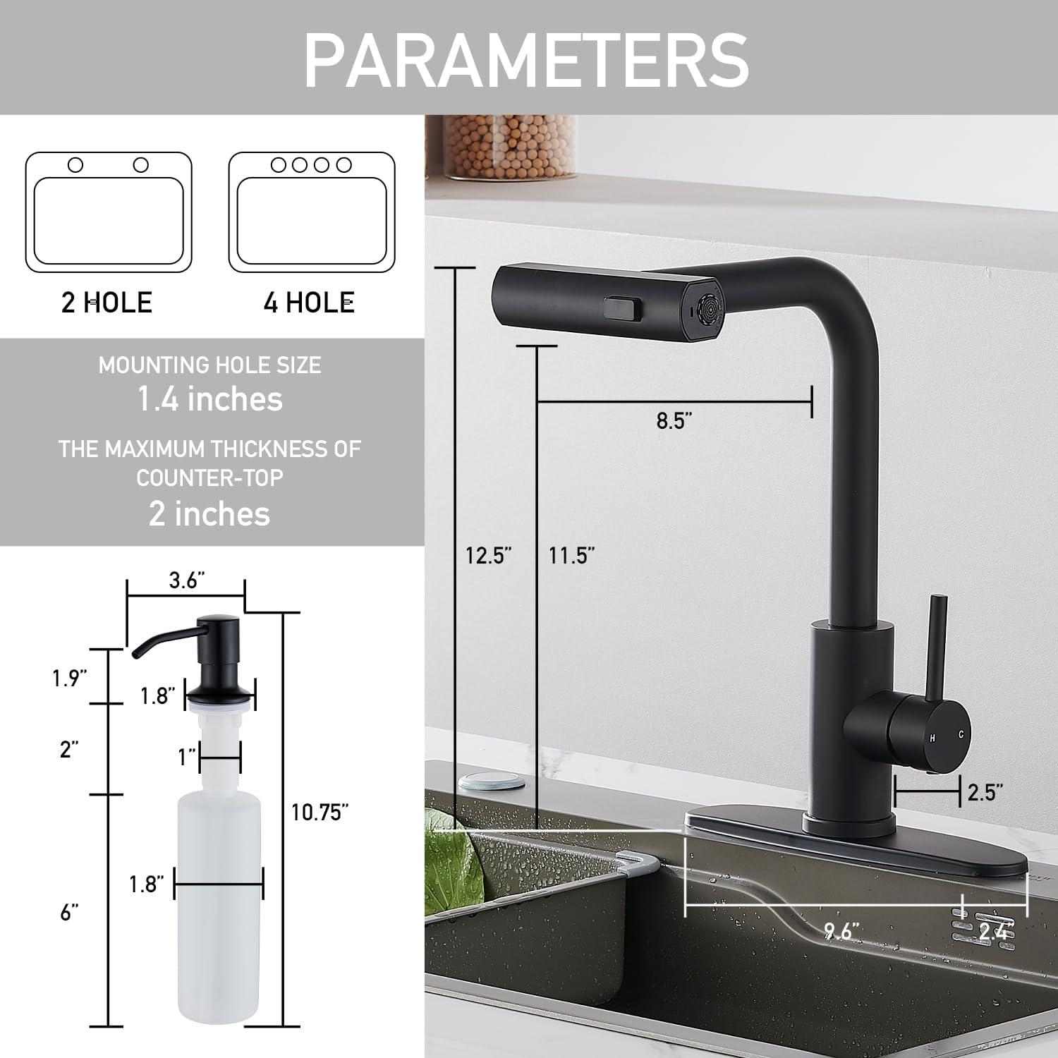 Matte Black Stainless Steel Pull Down Kitchen Faucet with Soap Dispenser